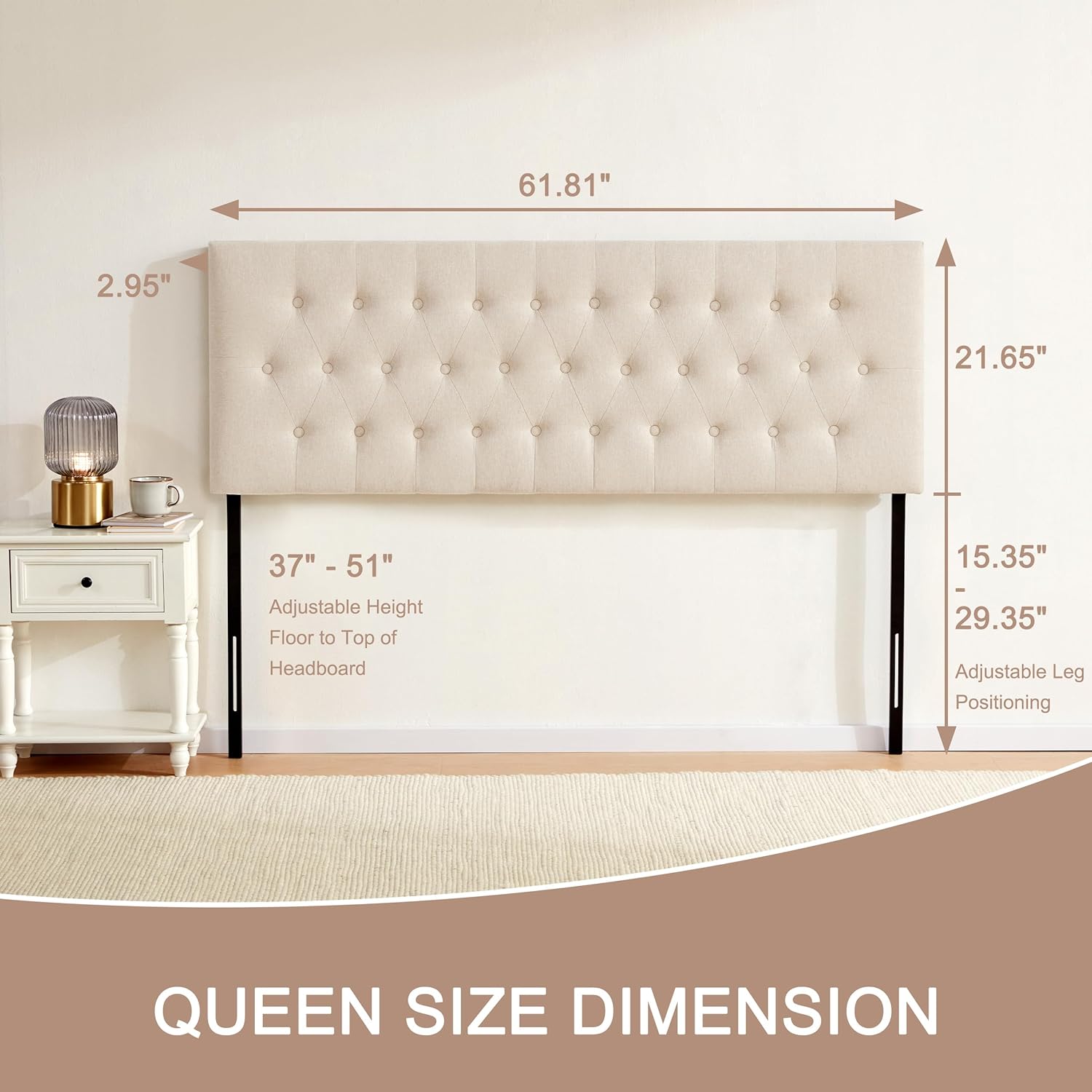 Huatean Home Tufted Upholstered Headboard Queen Size, Solid Wood Head Board with Durable Metal Legs, Adjustable Height Bed headboard from 37” to 51” Fabric Headboard in Modern Button Design, Beige