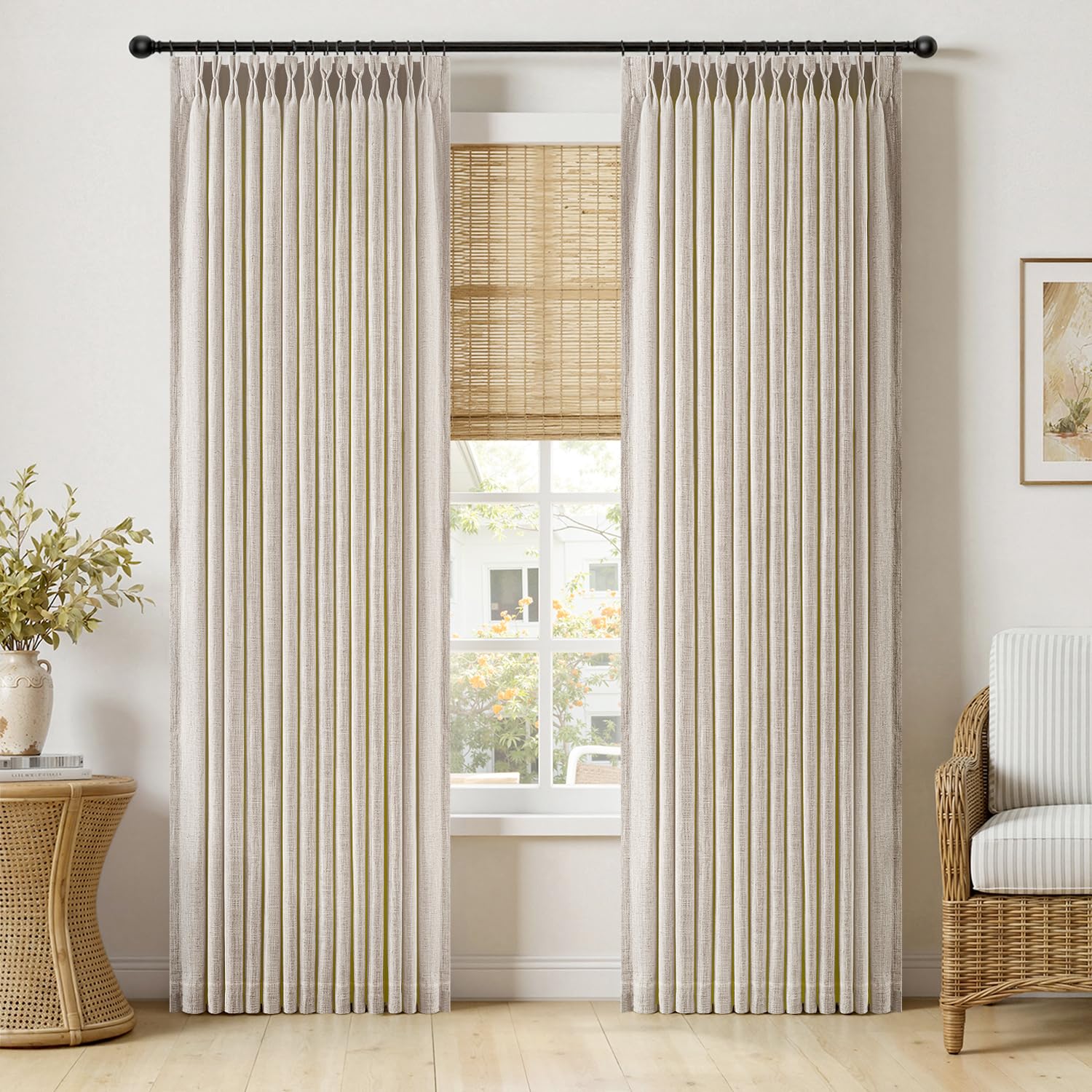 MIULEE Pinch Pleated Thick Linen Curtains 90 Inches Long 2 Panels for Living Room Bedroom, Memory Trained Pinch Pleat Drapes Back Tab Light Filtering Natural Ivory Cream Window Curtains with Hooks