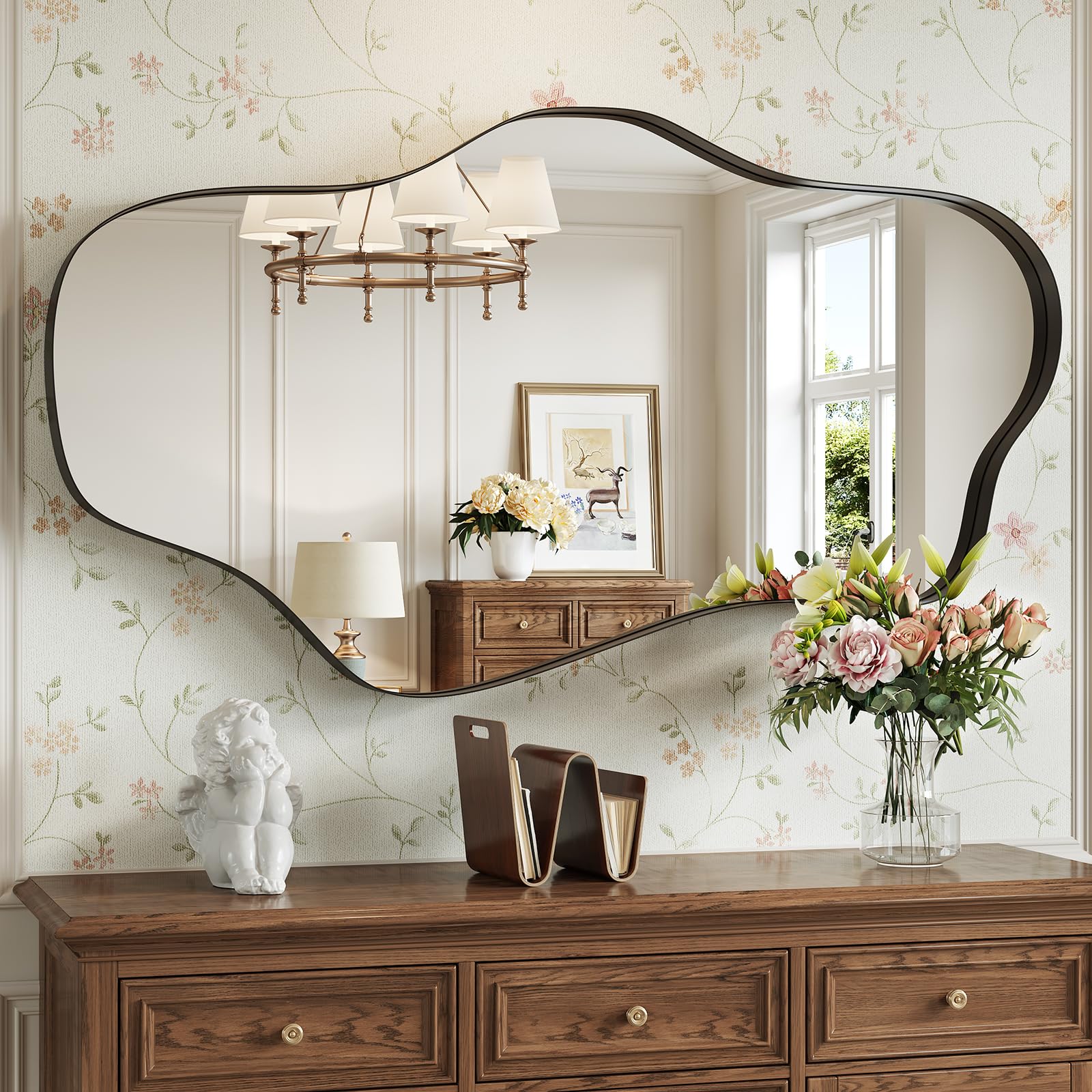Irregular Wall Mirror, 20” x 36” Black Wavy Mirror with Modern Shaped, Asymmetrical Mirrors for Decorative Bathroom, Entryways, Living Room, Vanity