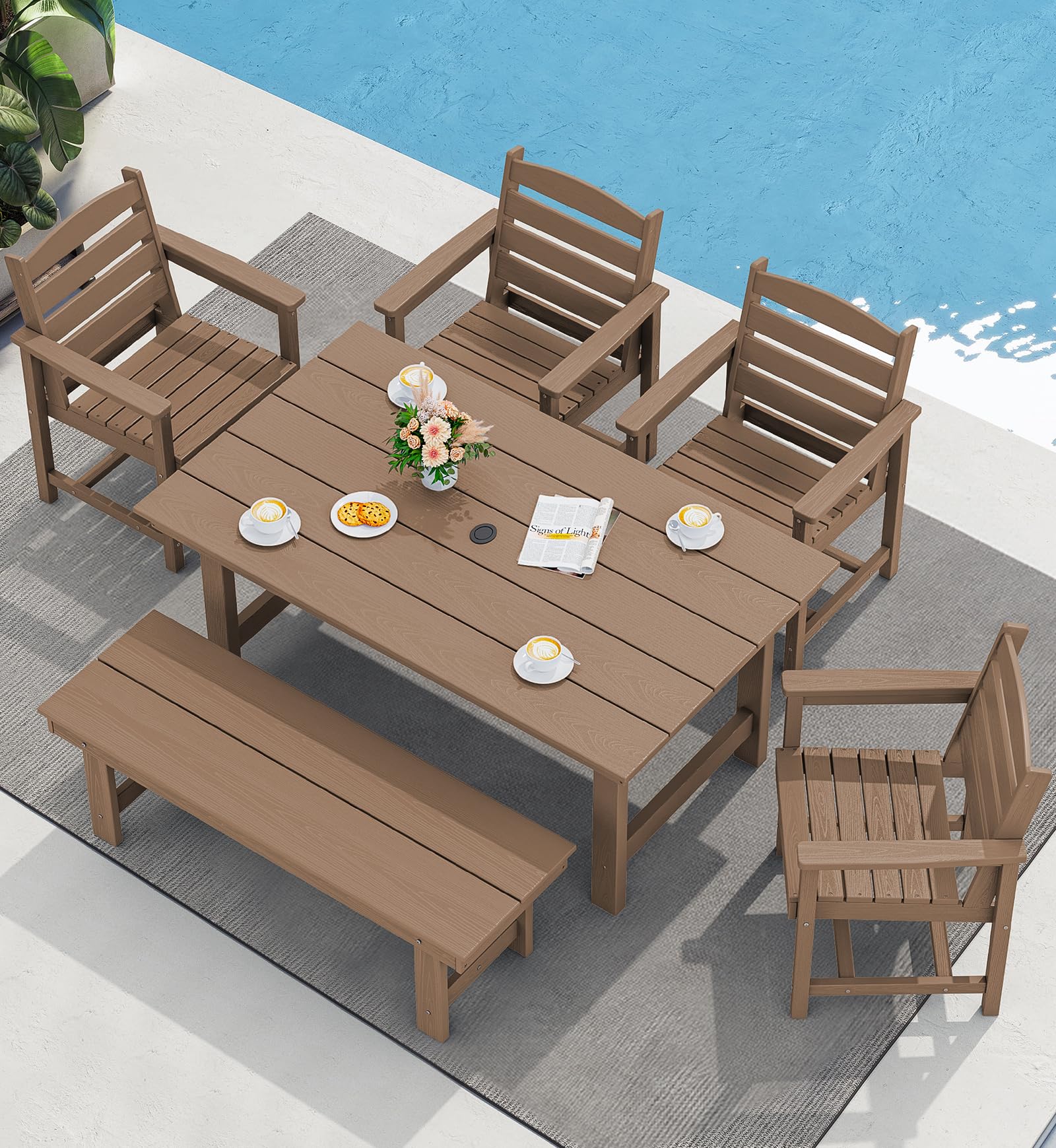SERWALL Patio Dining Sets for 6 Person, HDPE Dining Set with 6 Armless Chairs, Black