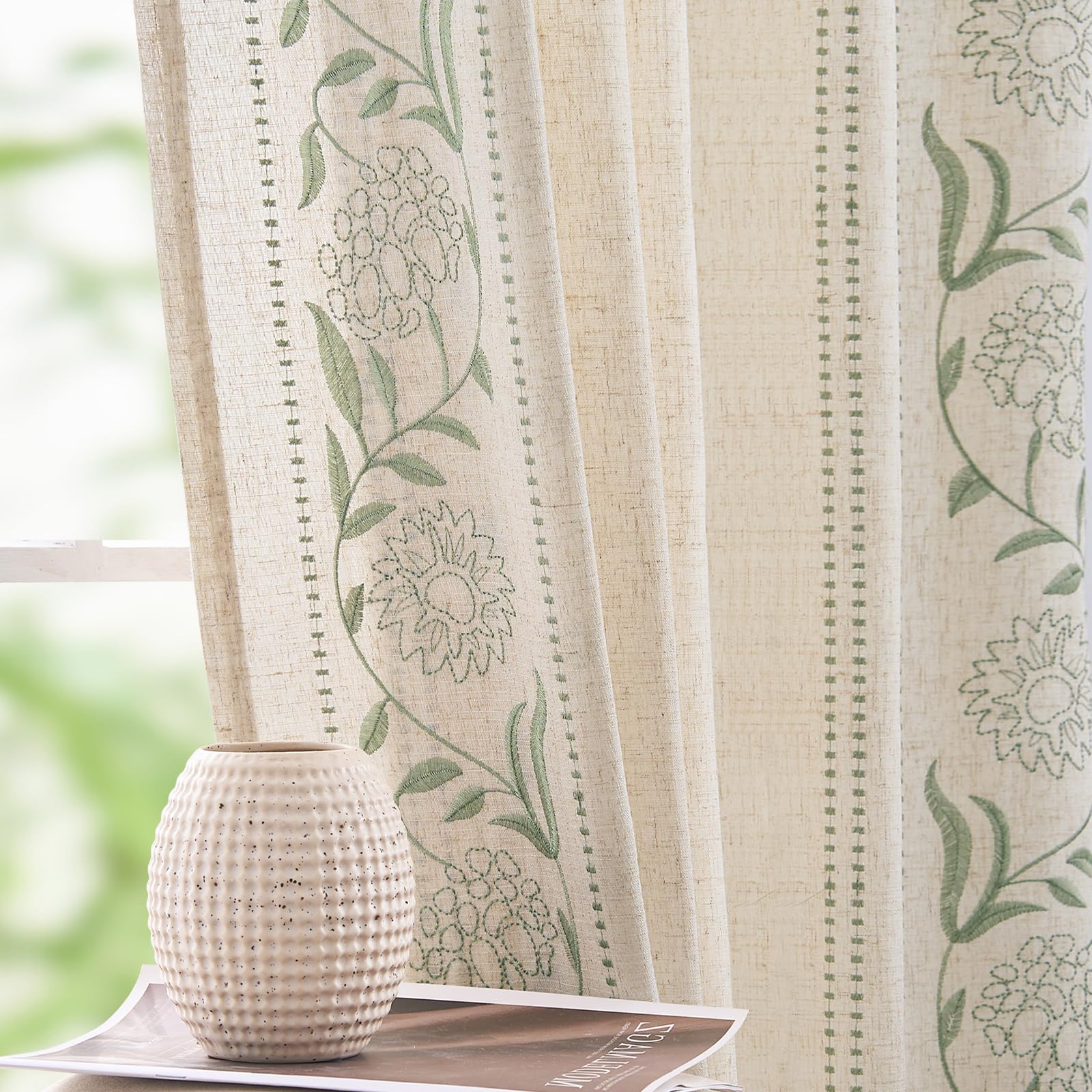 jinchan Winslow Linen Curtains for Bedroom 84 Inches Length Embroidered Bordered Floral Curtains for Living Room Farmhouse Decor Light Filtering Window Treatments Ivory on Beige Drapes 2 Panels