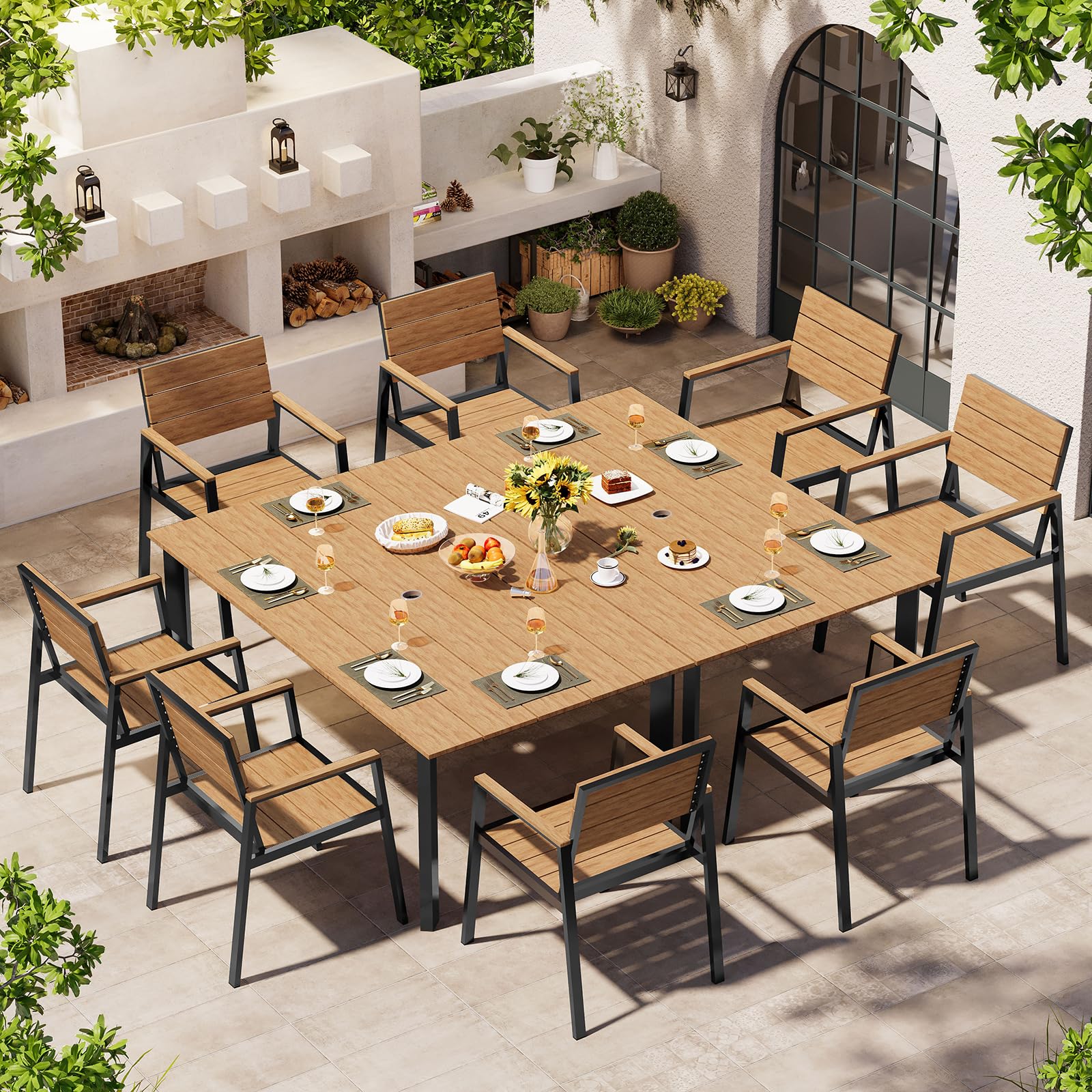 Outdoor Dining Set, Patio Table and Chairs Set with Umbrella Hole, 7 Pieces HDPS + Aluminum Patio Dining Furniture Set for Backyard, Garden (Gray & Teak)