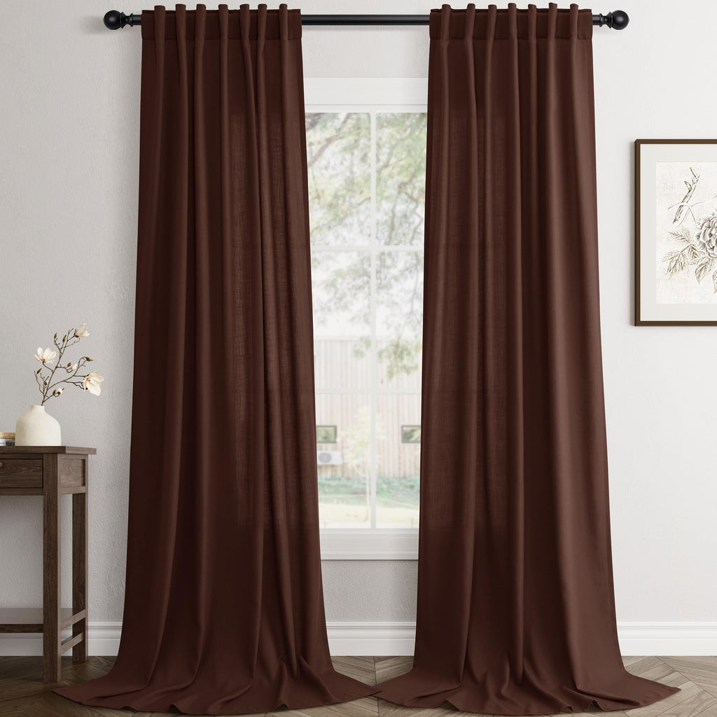 Flax Linen Beige Curtains 96 inches Long 2 Panel for Living Room Back Tab Pocket Drapes Semi Sheer Privacy Khaki Window Curtain Country Rustic Farmhouse Cloth Curtain for Dinning Room Tan
