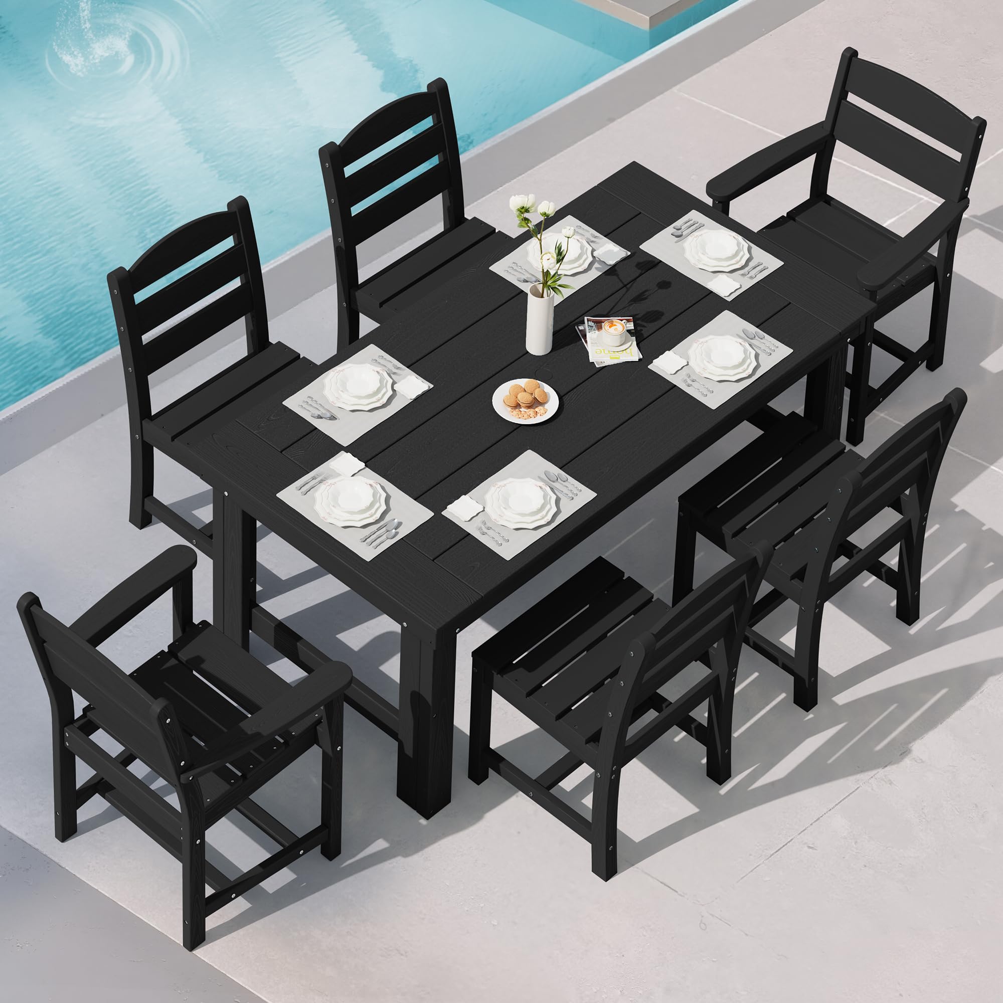 SERWALL Outdoor Dining Set for 4, HDPE Square Table and Chairs Set All Weather Patio Dining Set with 4 Classic Dining Chairs, 5-Piece Patio Dining Furniture for Deck, Brown