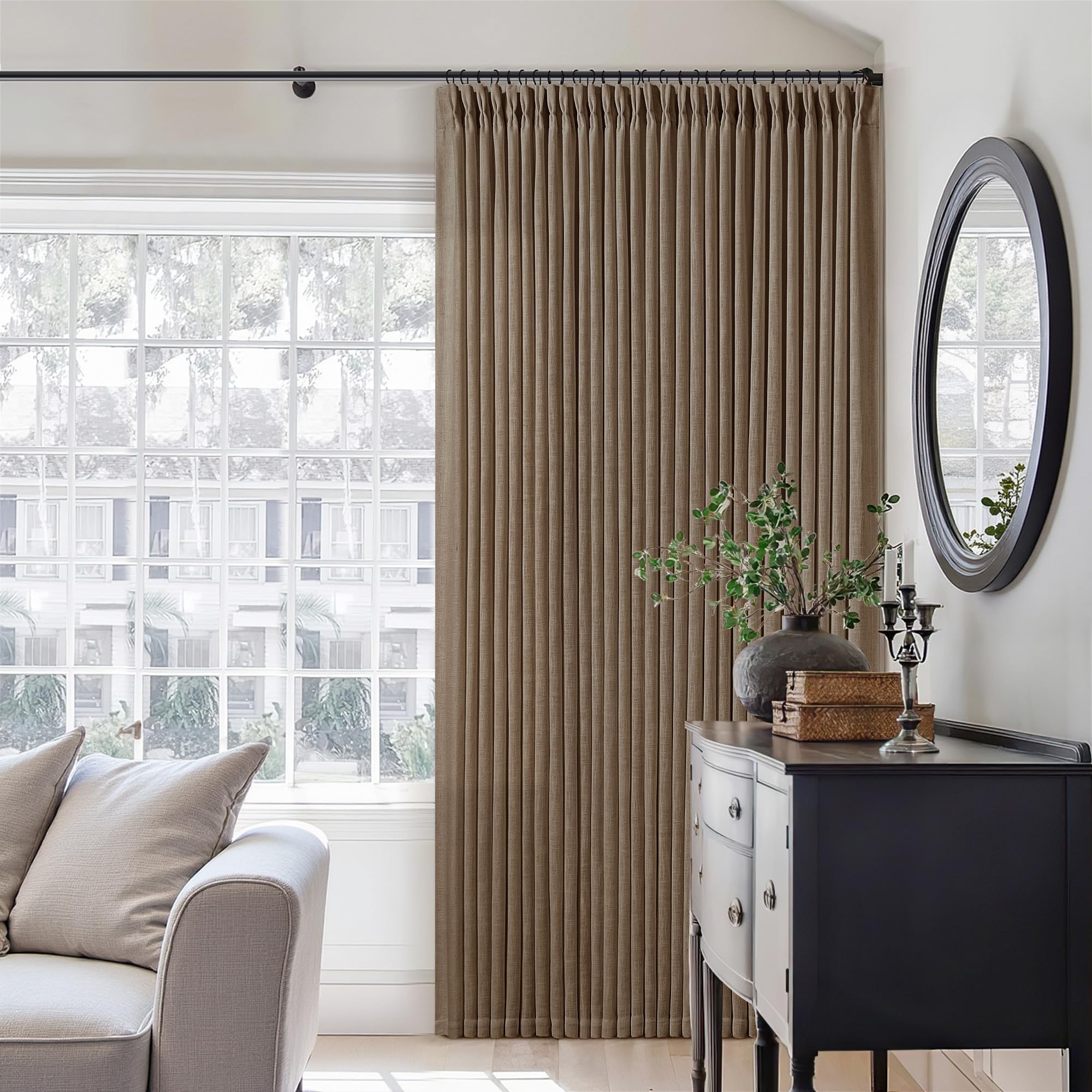 Pinch Pleated Linen Curtains 108 Inches Long for Living Room 2 Panels Set Cream Ivory Flax Double Pleated Drapes Back Tab Neutral Boho Ceiling Floor 108 Inch Window Curtains Bedroom Natural Birch