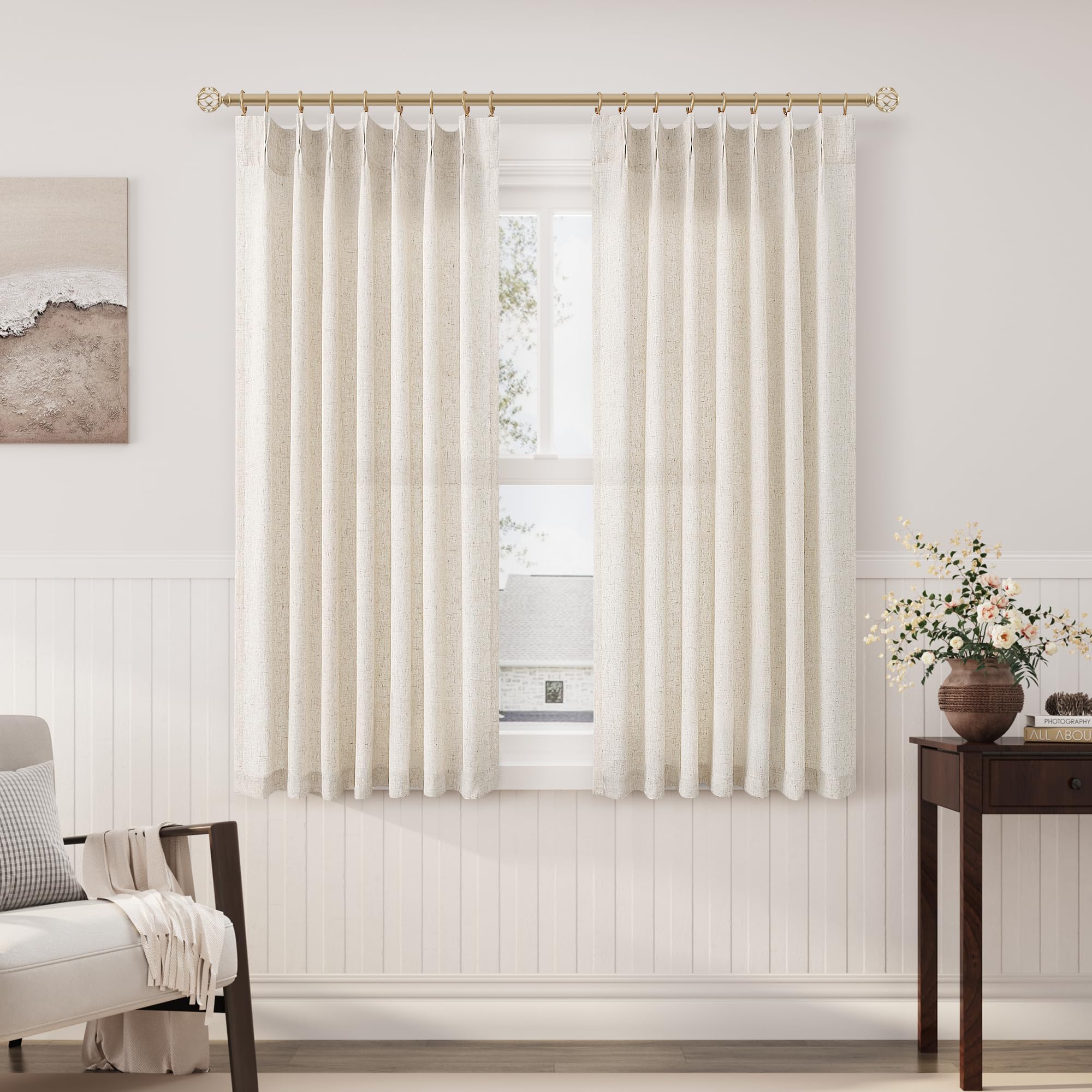 Extra Long Linen Curtains 108 Inch for Living Room Cream Pinch Pleated 9 FT Drapes Semi Sheer Ceiling to Floor Curtain for Bedroom Back Tab Flax Neutral Boho Decor Window, Natural Beige Ivory 2 Panels
