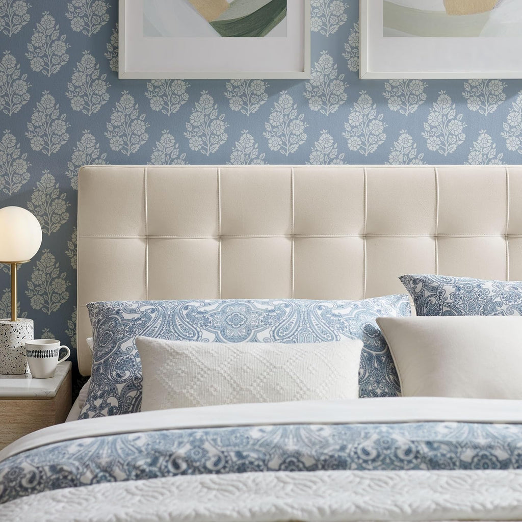 Modway Lily Performance Velvet Full Size Headboard with Biscuit Tufting in Alabaster - Stain-Resistant Upholstery with Padded Design and 5 Height-Adjustable Mounts