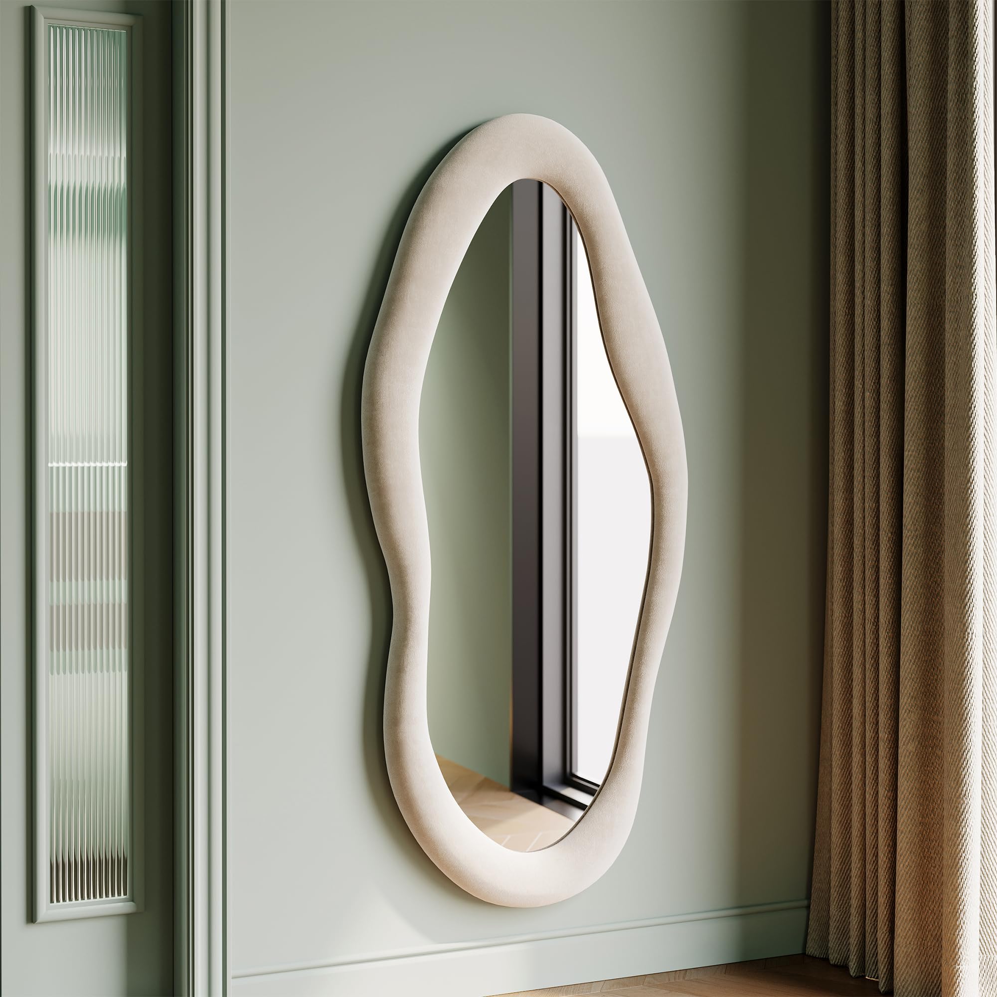 Honyee Full Length Mirror, 63" x 24" Wall Mirror, Flannel Wrapped Wooden Frame Floor Mirror, Irregular Wavy Mirror Hanging or Leaning Against Wall for Cloakroom/Bedroom/Living Room, Milk Tea