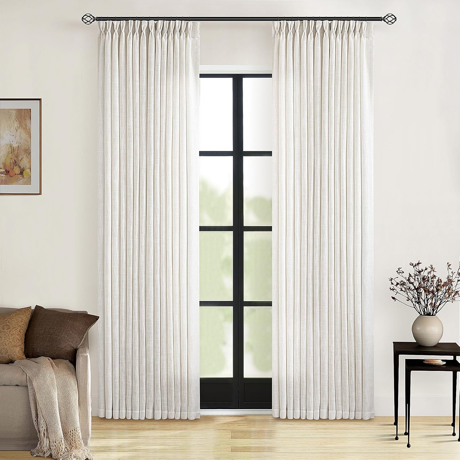 Pinch Pleated Linen Curtains 108 Inches Long for Living Room 2 Panels Set Cream Ivory Flax Double Pleated Drapes Back Tab Neutral Boho Ceiling Floor 108 Inch Window Curtains Bedroom Natural Birch