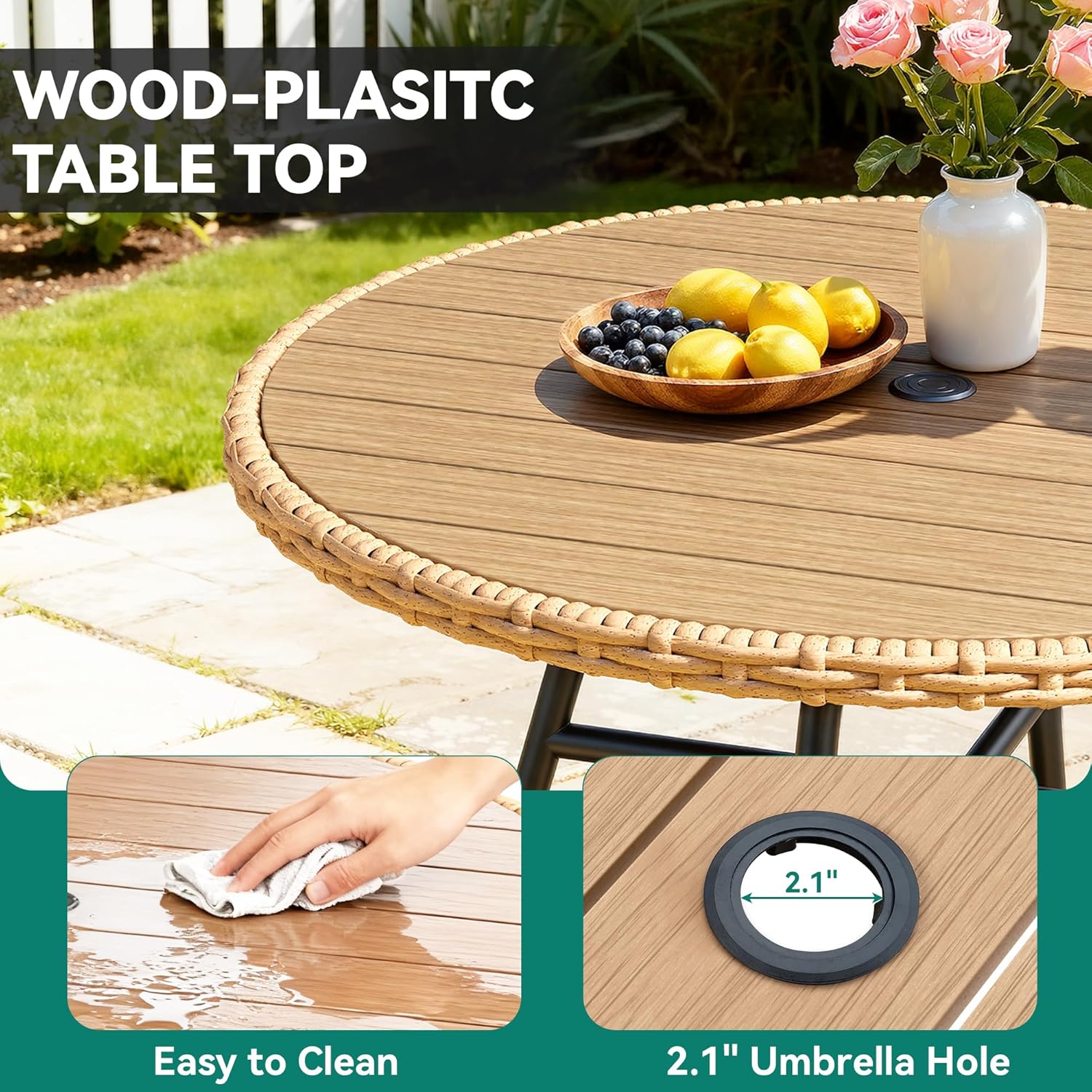 YITAHOME Patio Dining Set with Umbrella Hole for 4, All-Weather Rattan Outdoor Dining Set 5pcs, Patio Dining Furniture Sets with 4 Ergonomic Armchairs, Outdoor Table and Chairs Set for Patio Backyard