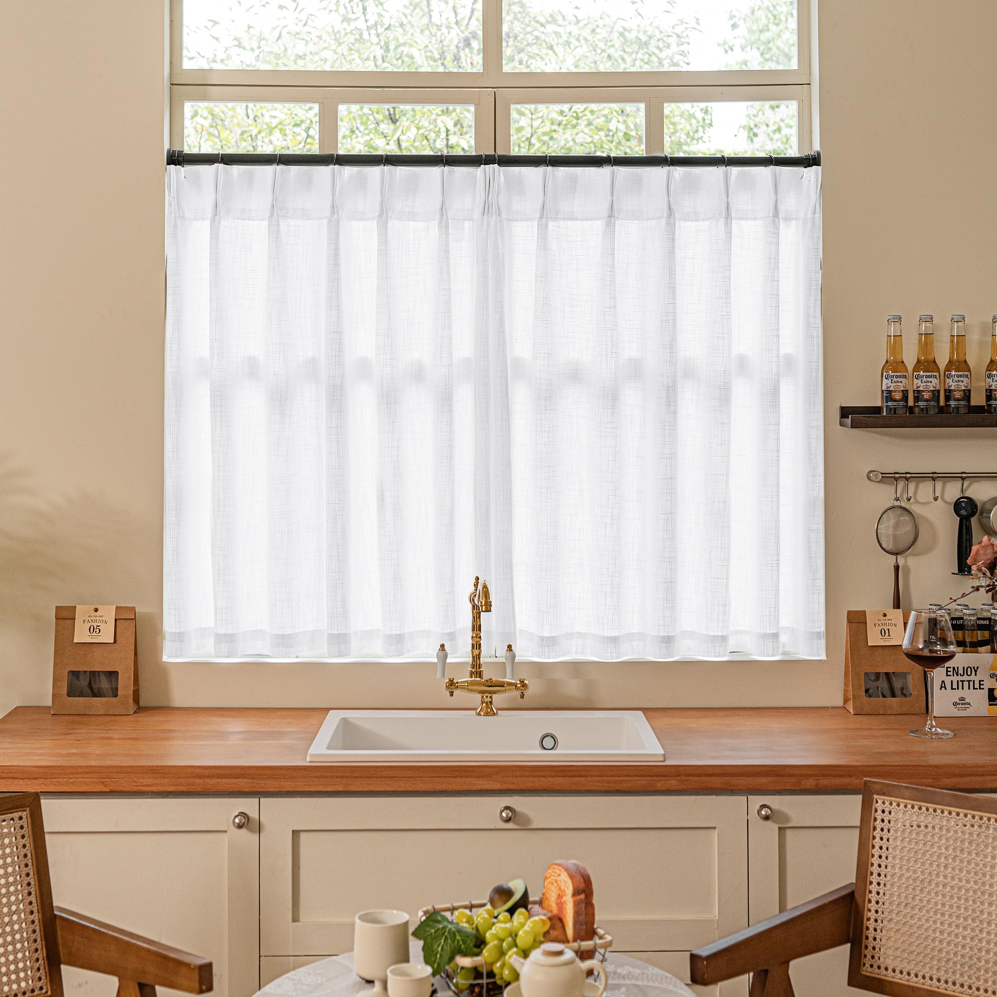 Pinch Pleated Linen Curtains 108 Inches Long for Living Room 2 Panels Set Cream Ivory Flax Double Pleated Drapes Back Tab Neutral Boho Ceiling Floor 108 Inch Window Curtains Bedroom Natural Birch