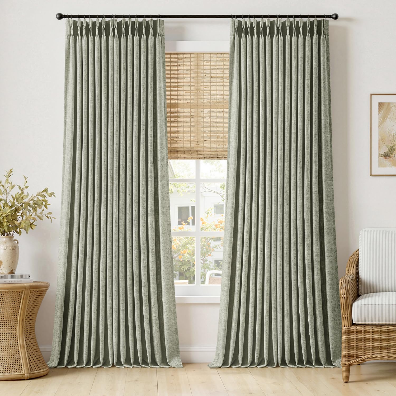 MIULEE Pinch Pleated Thick Linen Curtains 96 Inches Long 2 Panels for Living Room Bedroom, Memory Trained Pleat Drapes Light Filtering Natural Birch Semi Sheer Window Curtains Hooks Rings Back Tab
