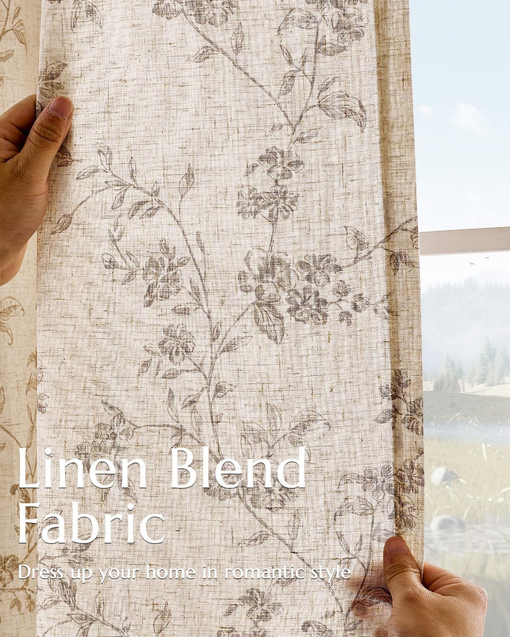 jinchan Linen Floral Curtains for Living Room 96 Inch Length Taupe Printed Curtains Back Tab French Country Farmhouse Flower Patterned Drapes Bedroom Window Curtain Set 2 Panels