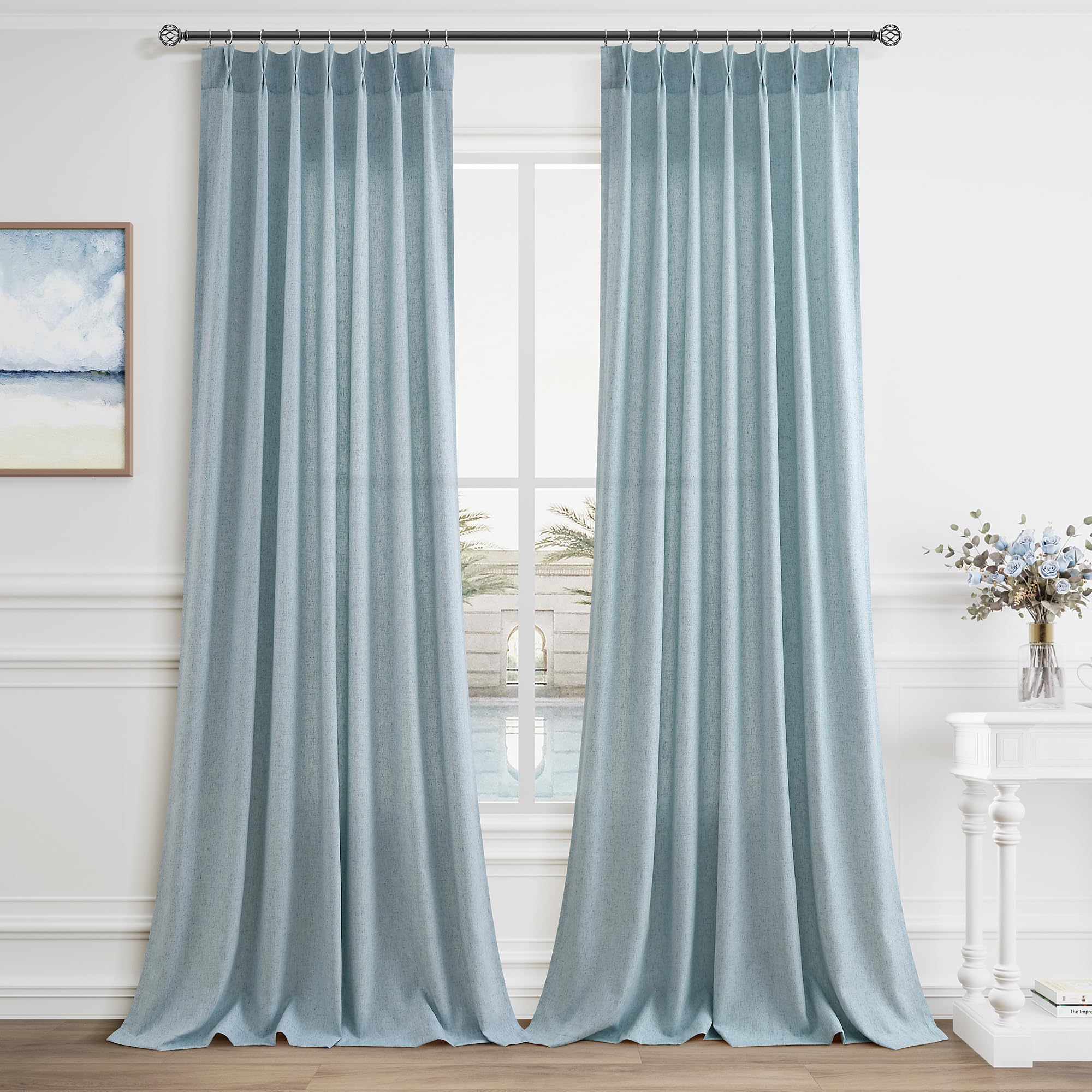 Extra Long Linen Curtains 108 Inch for Living Room Cream Pinch Pleated 9 FT Drapes Semi Sheer Ceiling to Floor Curtain for Bedroom Back Tab Flax Neutral Boho Decor Window, Natural Beige Ivory 2 Panels