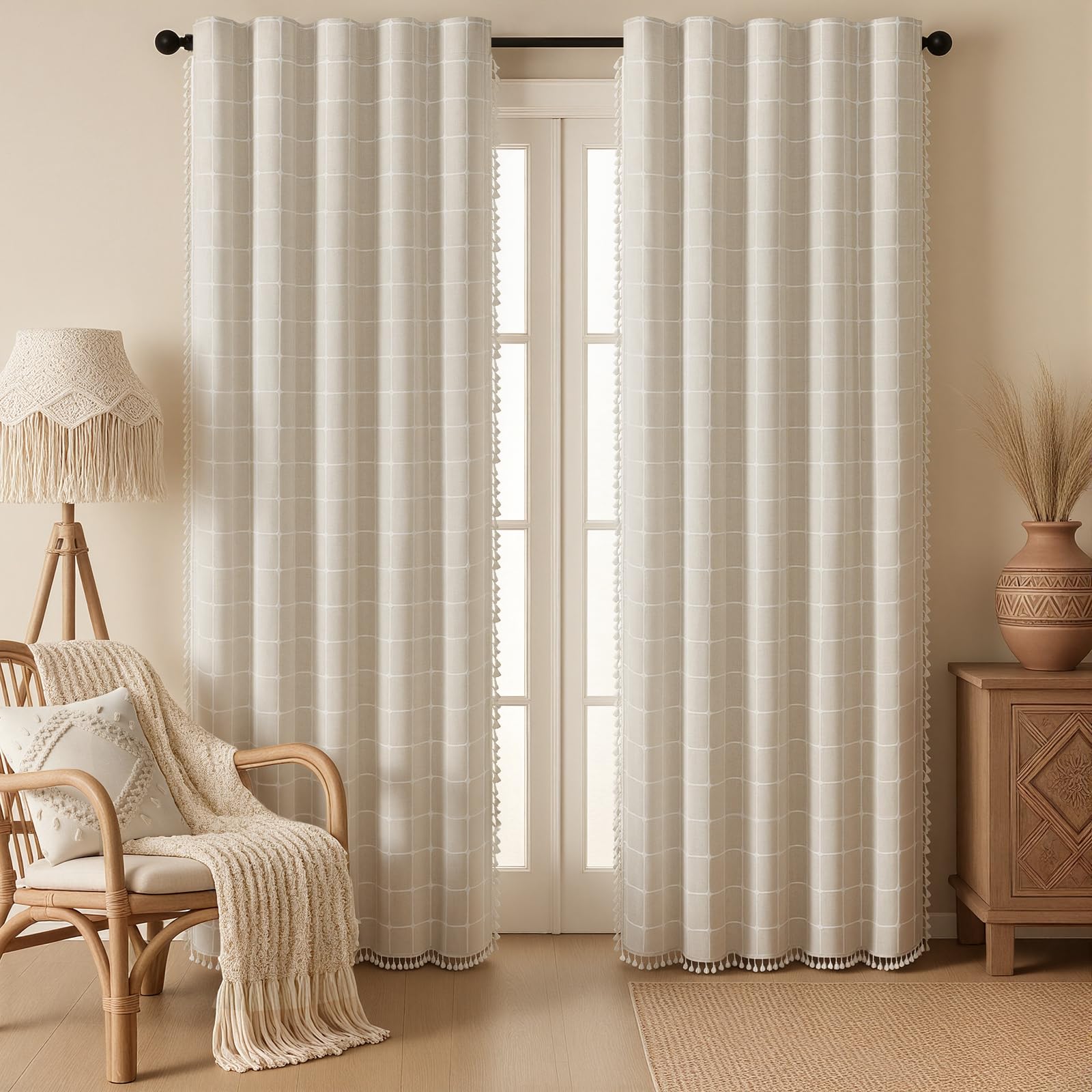 Boho Blackout Curtains 2 Panels 84 Inch for Living Room Bedroom, Beige Linen Texture Farmhouse Curtains with Tassels and Cotton Embroidery Vintage Rustic Western Rod Pocket