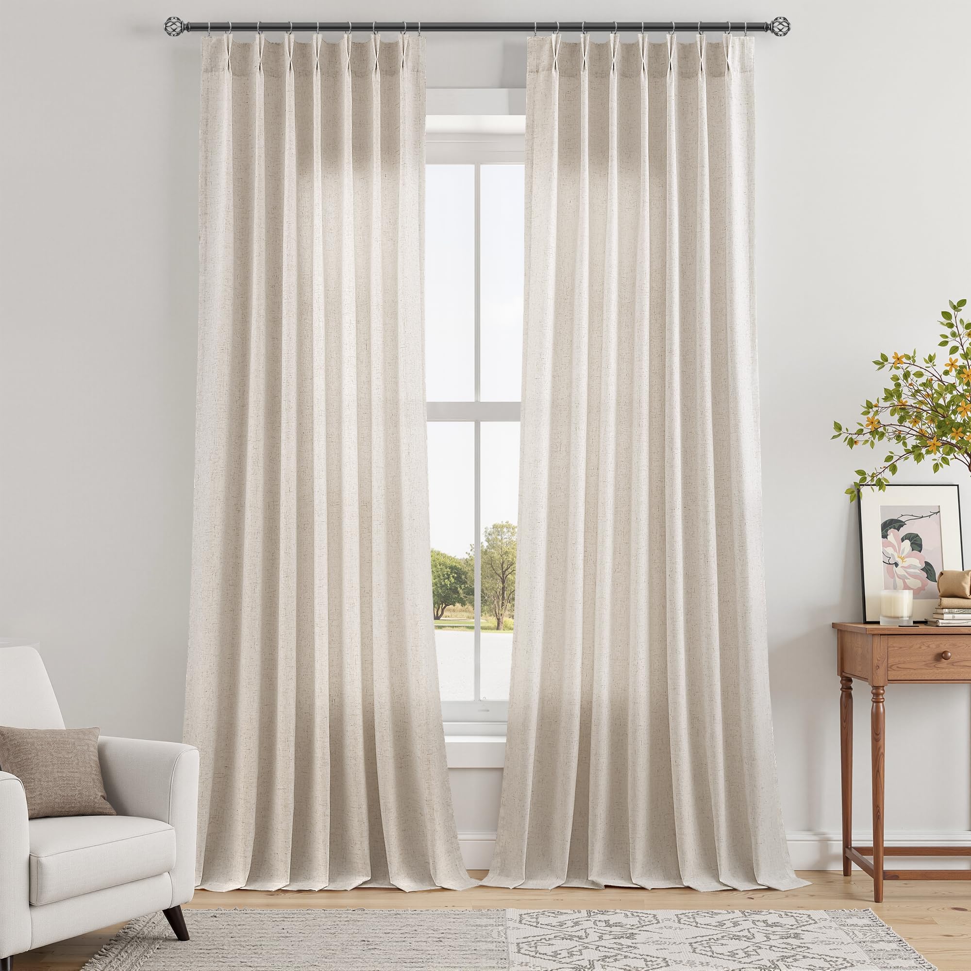 Extra Long Linen Curtains 108 Inch for Living Room Cream Pinch Pleated 9 FT Drapes Semi Sheer Ceiling to Floor Curtain for Bedroom Back Tab Flax Neutral Boho Decor Window, Natural Beige Ivory 2 Panels