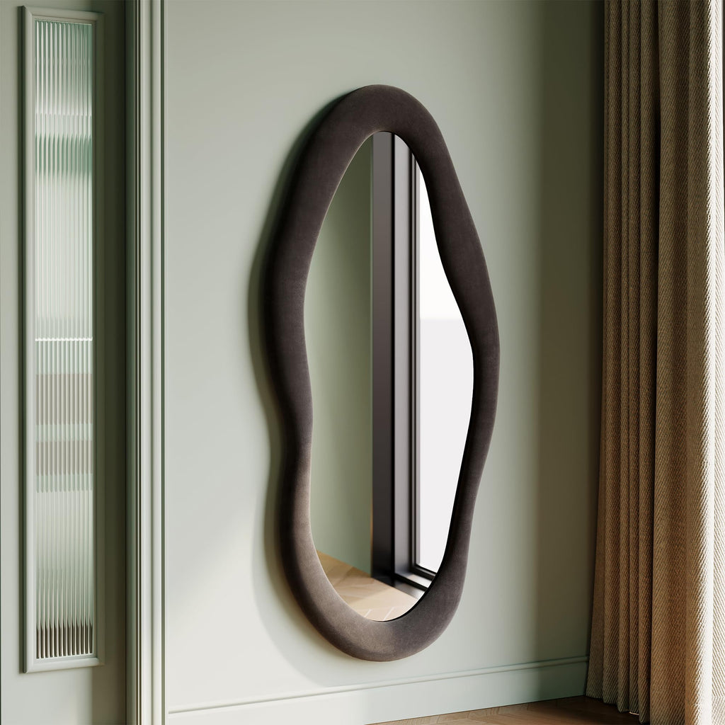 Honyee Full Length Mirror, 63" x 24" Wall Mirror, Flannel Wrapped Wooden Frame Floor Mirror, Irregular Wavy Mirror Hanging or Leaning Against Wall for Cloakroom/Bedroom/Living Room, Milk Tea