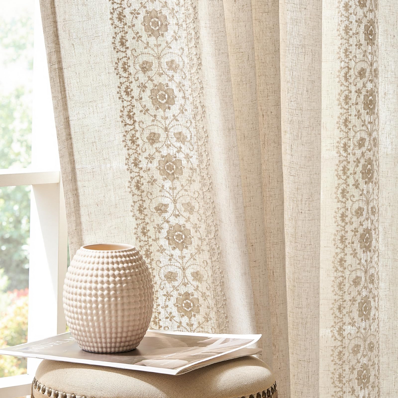 jinchan Weslie Boho Curtains for Bedroom Ivory Vintage Floral Farmhouse Curtains 84 Inches Long Linen Drapes for Living Room Embroidered Light Filtering Drapes Rod Pocket Ivory on Beige 2 Panels
