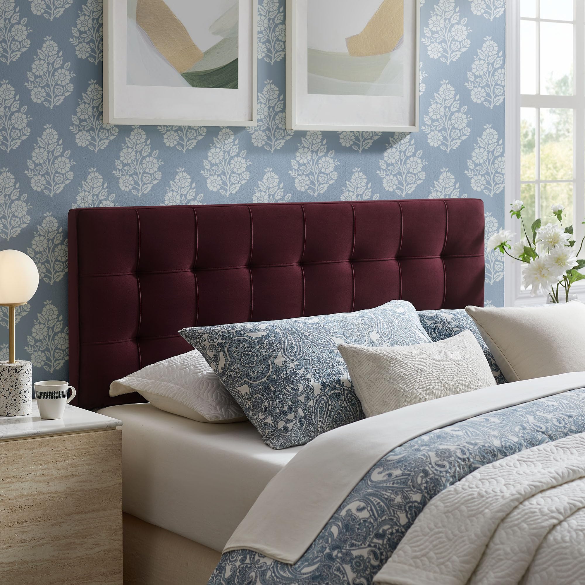 Modway Lily Performance Velvet Full Size Headboard with Biscuit Tufting in Alabaster - Stain-Resistant Upholstery with Padded Design and 5 Height-Adjustable Mounts