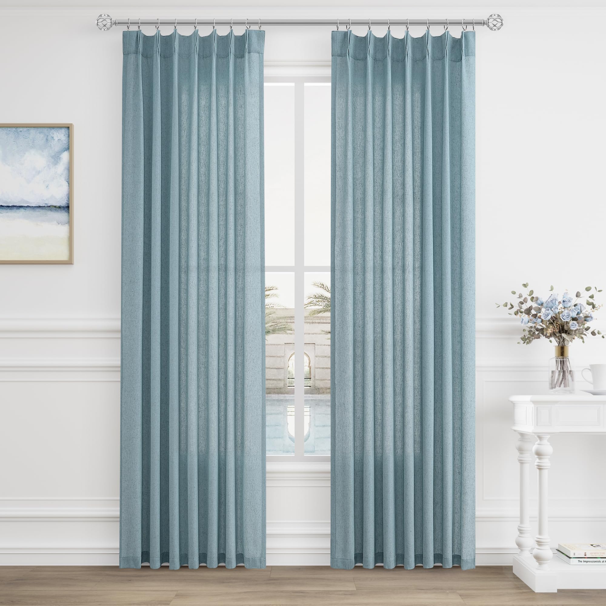Extra Long Linen Curtains 108 Inch for Living Room Cream Pinch Pleated 9 FT Drapes Semi Sheer Ceiling to Floor Curtain for Bedroom Back Tab Flax Neutral Boho Decor Window, Natural Beige Ivory 2 Panels