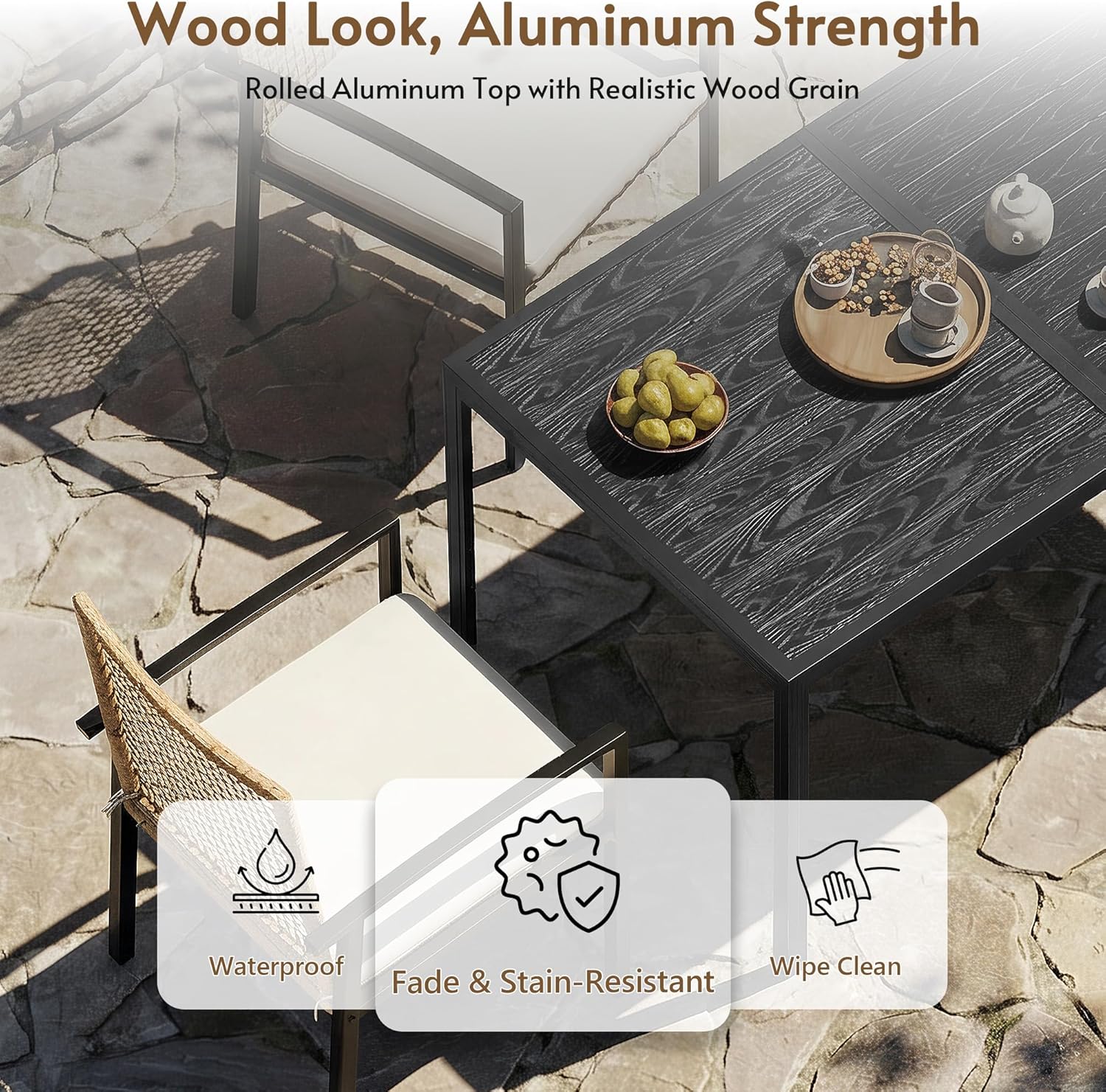 7-Piece Outdoor Dining Set for 6, Patio Dining Set with Hand-Woven Wicker Chairs & Cushions, 60" x 33" x 30" Wider Aluminum Woodgrain Table for Deck, Garden, Backyard