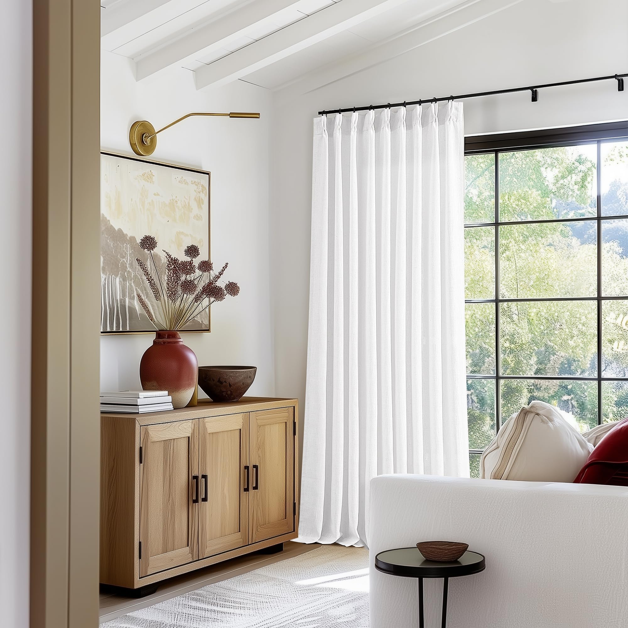 Pinch Pleated Linen Curtains 108 Inches Long for Living Room 2 Panels Set Cream Ivory Flax Double Pleated Drapes Back Tab Neutral Boho Ceiling Floor 108 Inch Window Curtains Bedroom Natural Birch