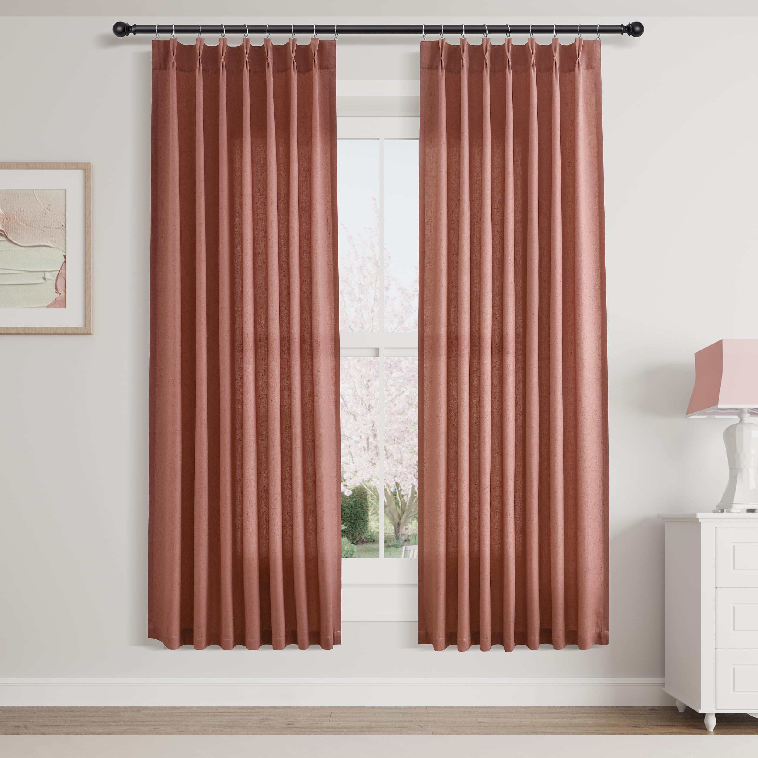 Extra Long Linen Curtains 108 Inch for Living Room Cream Pinch Pleated 9 FT Drapes Semi Sheer Ceiling to Floor Curtain for Bedroom Back Tab Flax Neutral Boho Decor Window, Natural Beige Ivory 2 Panels