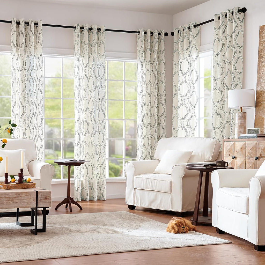 jinchan Boho Linen Blend Curtains Beige Farmhouse Curtains 84 Inches Long Grey Embroidered Leaf Living Room Ogee Geometry Drapes Light Filtering Grommet Country Drapes 2 Panels Gray on Flax