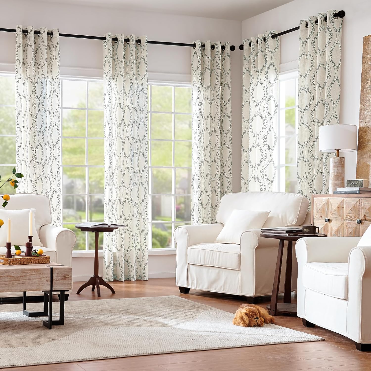 jinchan Boho Linen Blend Curtains Beige Farmhouse Curtains 84 Inches Long Grey Embroidered Leaf Living Room Ogee Geometry Drapes Light Filtering Grommet Country Drapes 2 Panels Gray on Flax