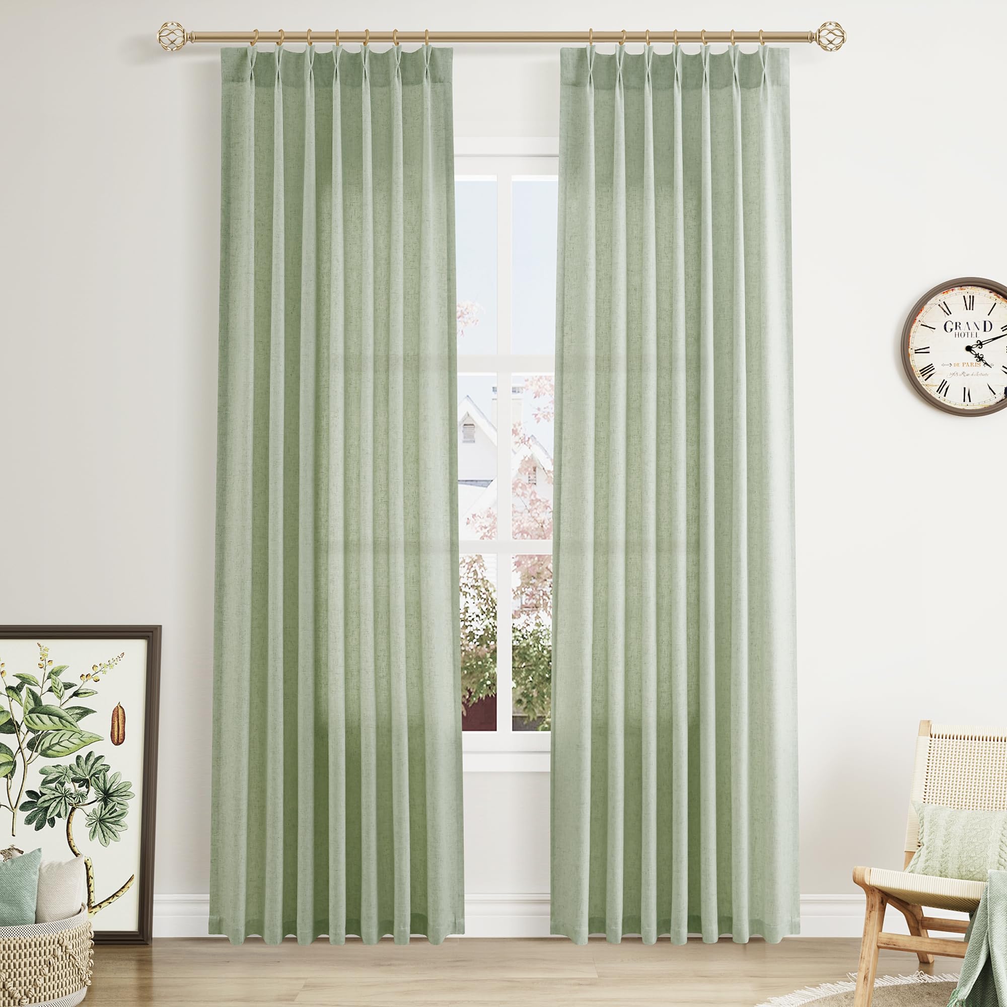 Extra Long Linen Curtains 108 Inch for Living Room Cream Pinch Pleated 9 FT Drapes Semi Sheer Ceiling to Floor Curtain for Bedroom Back Tab Flax Neutral Boho Decor Window, Natural Beige Ivory 2 Panels