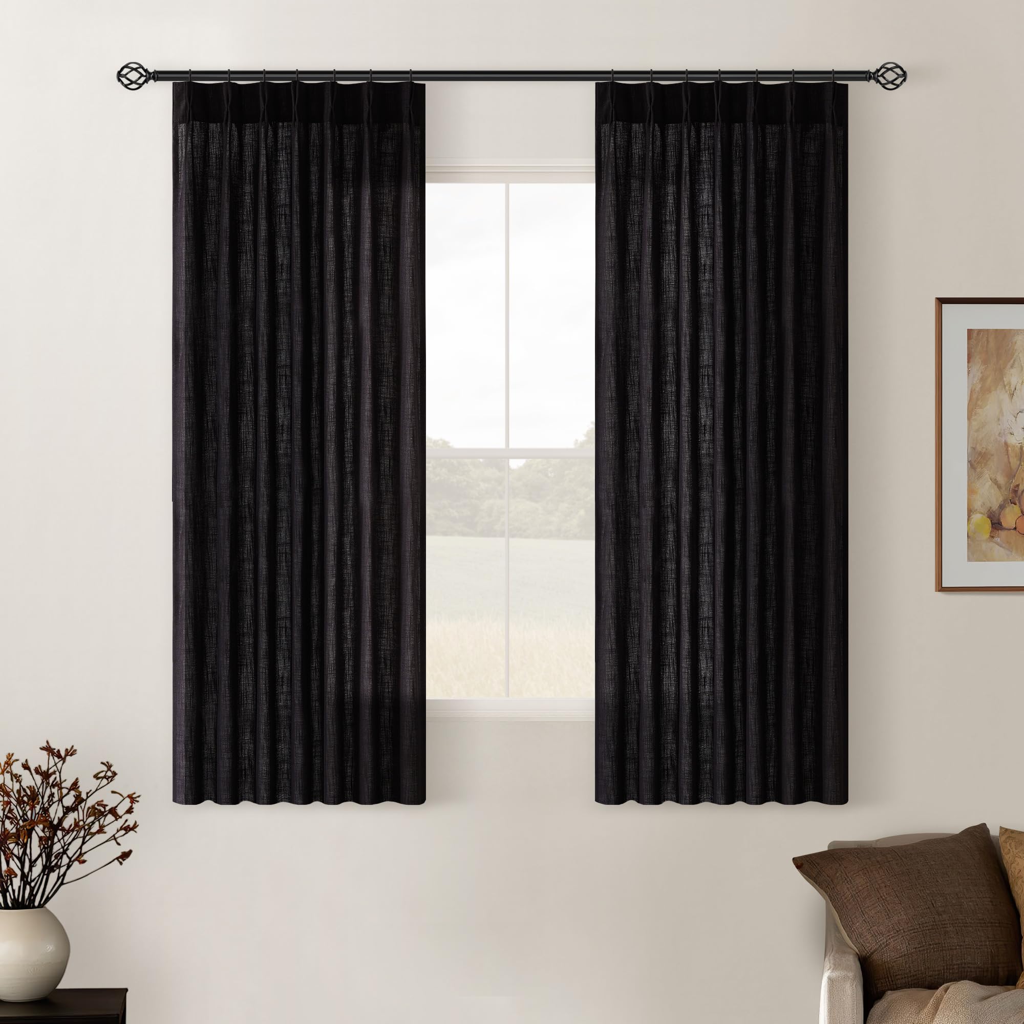 Pinch Pleated Linen Curtains 108 Inches Long for Living Room 2 Panels Set Cream Ivory Flax Double Pleated Drapes Back Tab Neutral Boho Ceiling Floor 108 Inch Window Curtains Bedroom Natural Birch