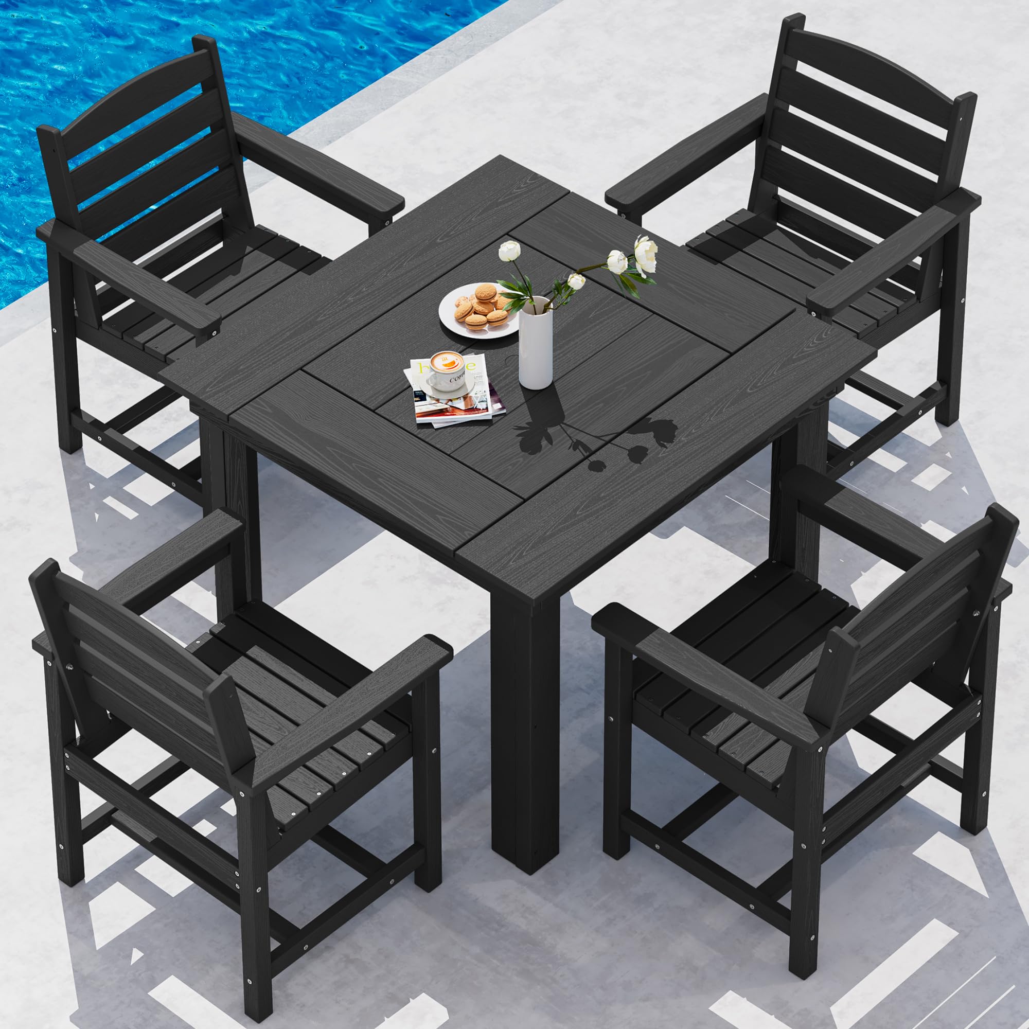 SERWALL Outdoor Dining Set for 4, HDPE Square Table and Chairs Set All Weather Patio Dining Set with 4 Classic Dining Chairs, 5-Piece Patio Dining Furniture for Deck, Brown