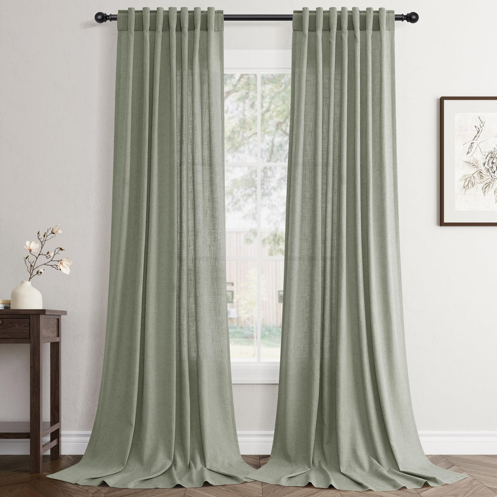 Flax Linen Beige Curtains 96 inches Long 2 Panel for Living Room Back Tab Pocket Drapes Semi Sheer Privacy Khaki Window Curtain Country Rustic Farmhouse Cloth Curtain for Dinning Room Tan