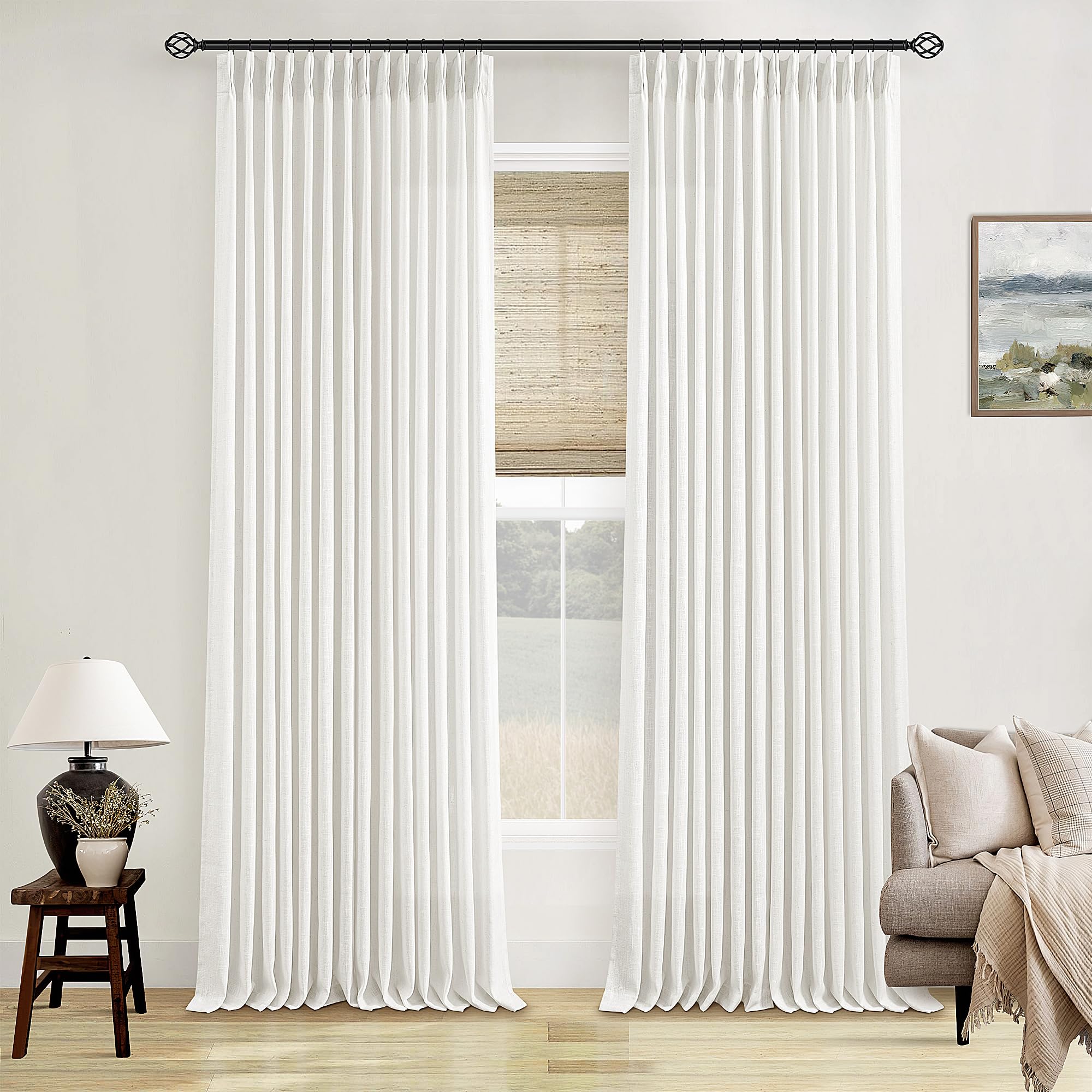 Pinch Pleated Linen Curtains 108 Inches Long for Living Room 2 Panels Set Cream Ivory Flax Double Pleated Drapes Back Tab Neutral Boho Ceiling Floor 108 Inch Window Curtains Bedroom Natural Birch