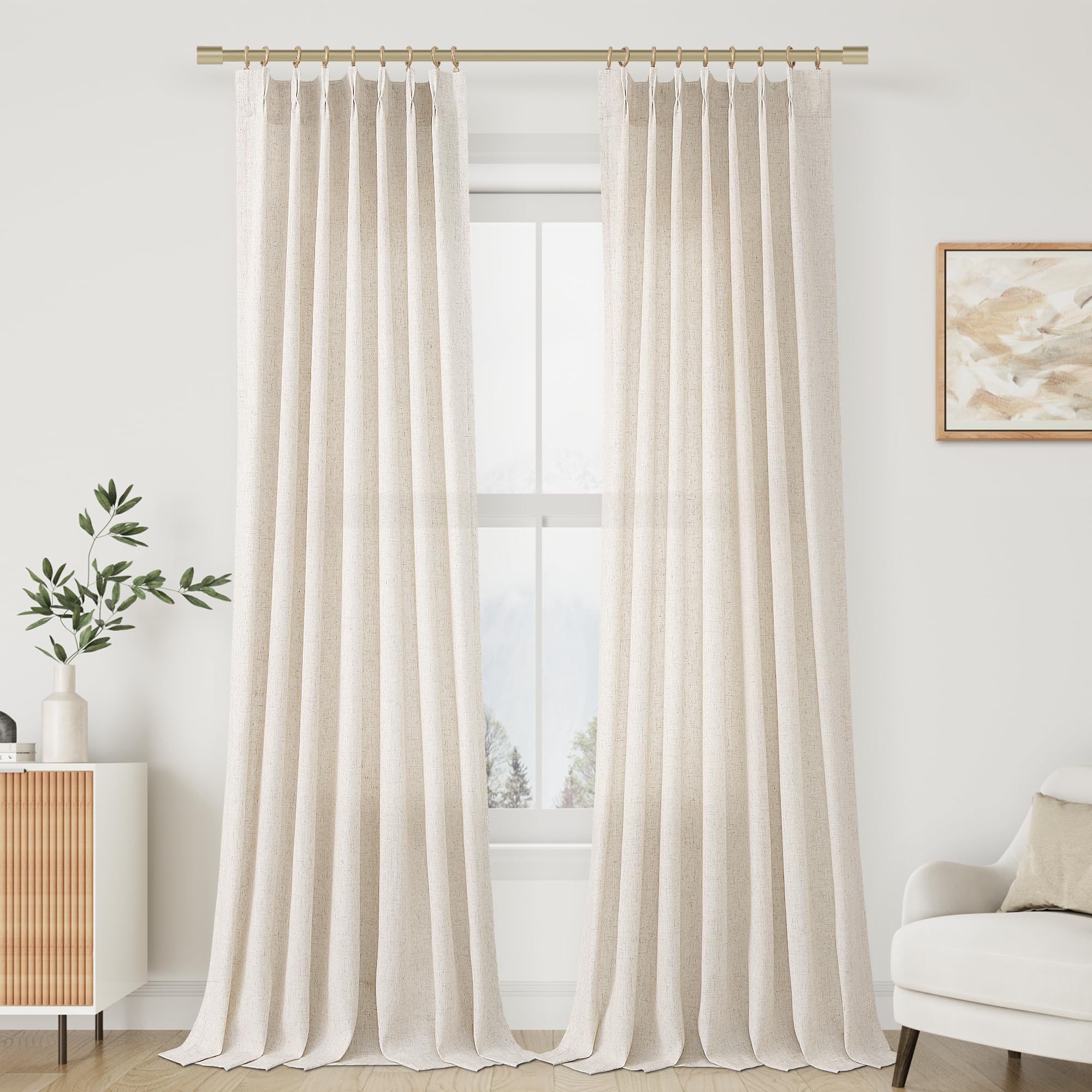 Extra Long Linen Curtains 108 Inch for Living Room Cream Pinch Pleated 9 FT Drapes Semi Sheer Ceiling to Floor Curtain for Bedroom Back Tab Flax Neutral Boho Decor Window, Natural Beige Ivory 2 Panels
