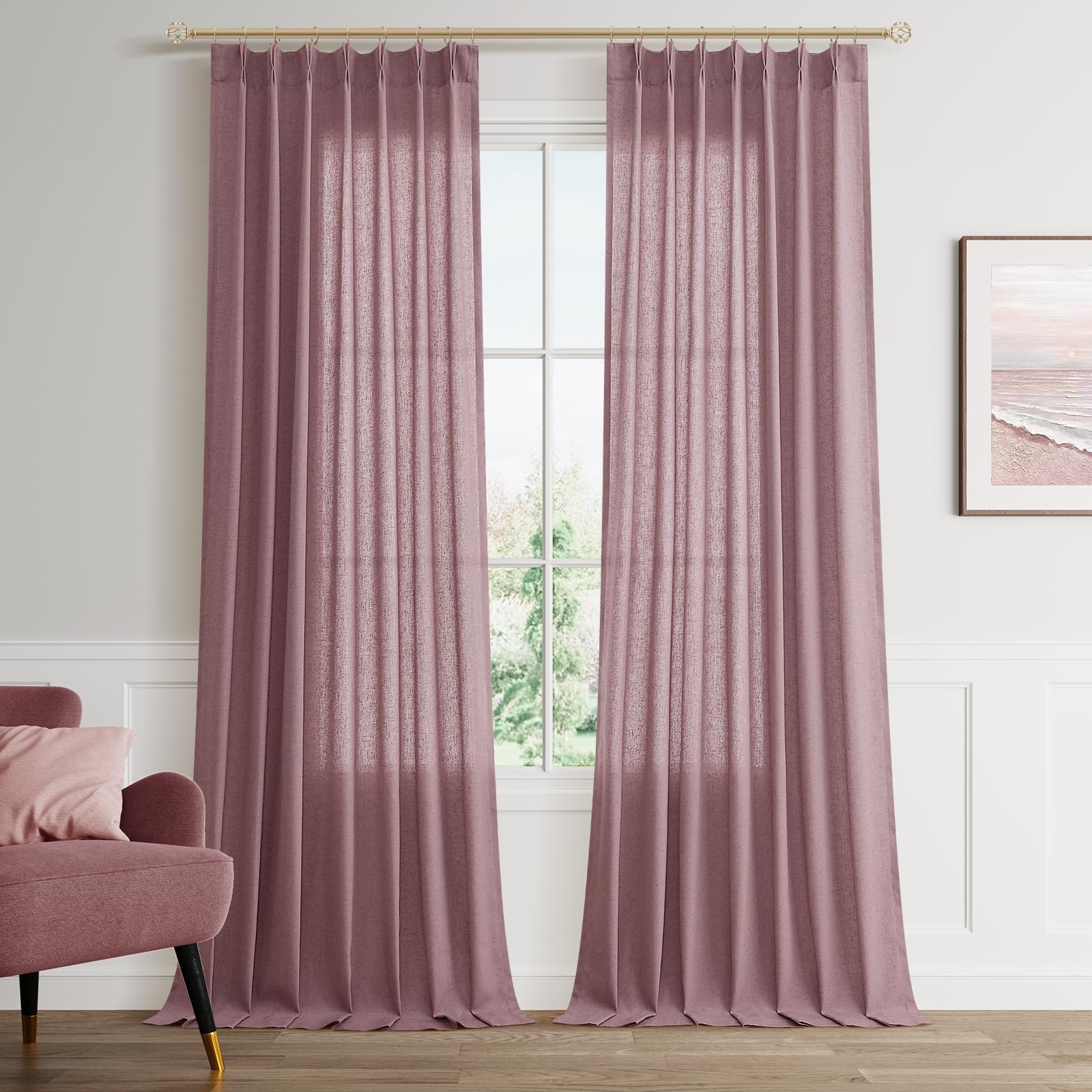 Extra Long Linen Curtains 108 Inch for Living Room Cream Pinch Pleated 9 FT Drapes Semi Sheer Ceiling to Floor Curtain for Bedroom Back Tab Flax Neutral Boho Decor Window, Natural Beige Ivory 2 Panels