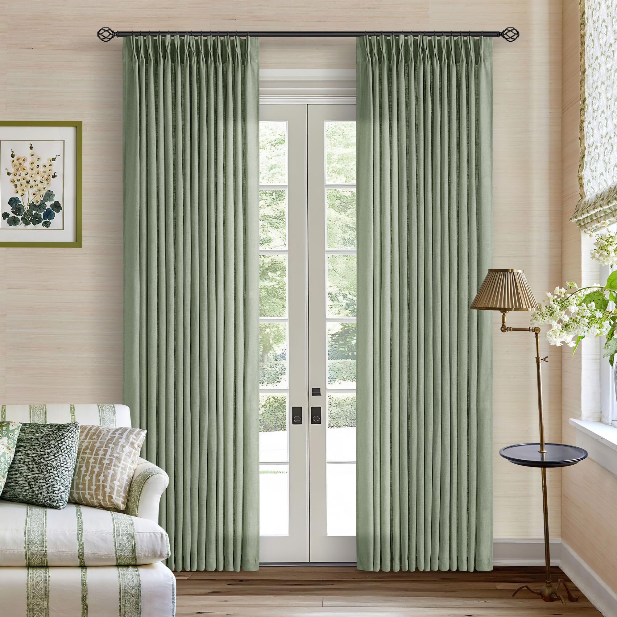 Pinch Pleated Linen Curtains 108 Inches Long for Living Room 2 Panels Set Cream Ivory Flax Double Pleated Drapes Back Tab Neutral Boho Ceiling Floor 108 Inch Window Curtains Bedroom Natural Birch