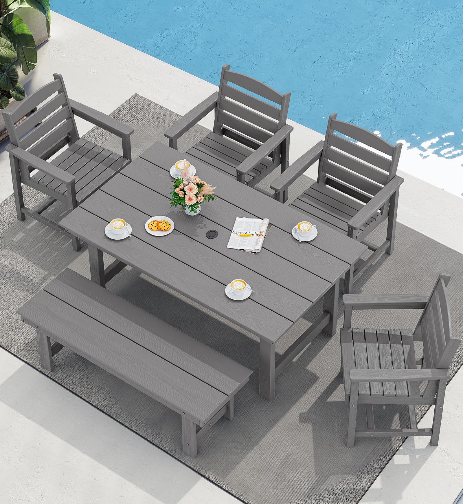 SERWALL Patio Dining Sets for 6 Person, HDPE Dining Set with 6 Armless Chairs, Black