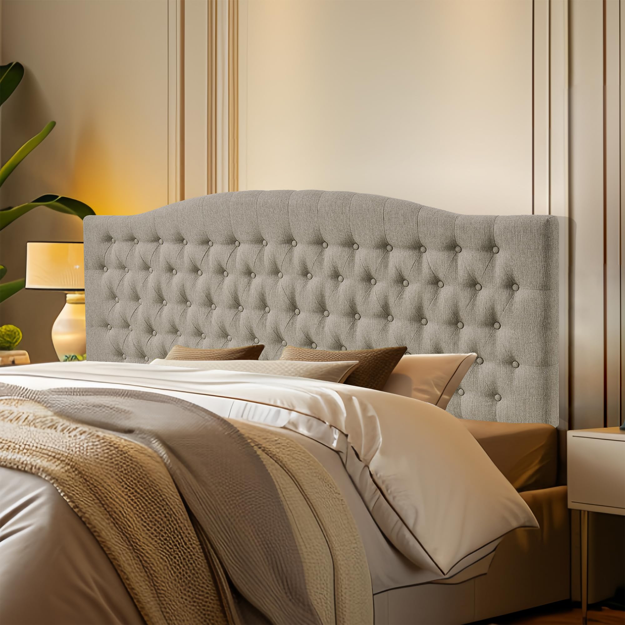 Furpopup Linen Upholstered Headboard Queen/Full Size Bed Tufted Button Headboard, Featuring High-Density Sponge Padding, Luxury Texture Easy Assembly Comfort and Style-Ivory