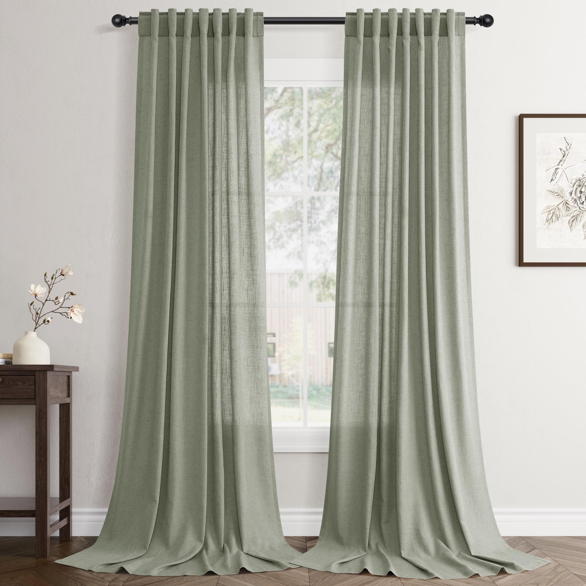 Flax Linen Beige Curtains 96 inches Long 2 Panel for Living Room Back Tab Pocket Drapes Semi Sheer Privacy Khaki Window Curtain Country Rustic Farmhouse Cloth Curtain for Dinning Room Tan