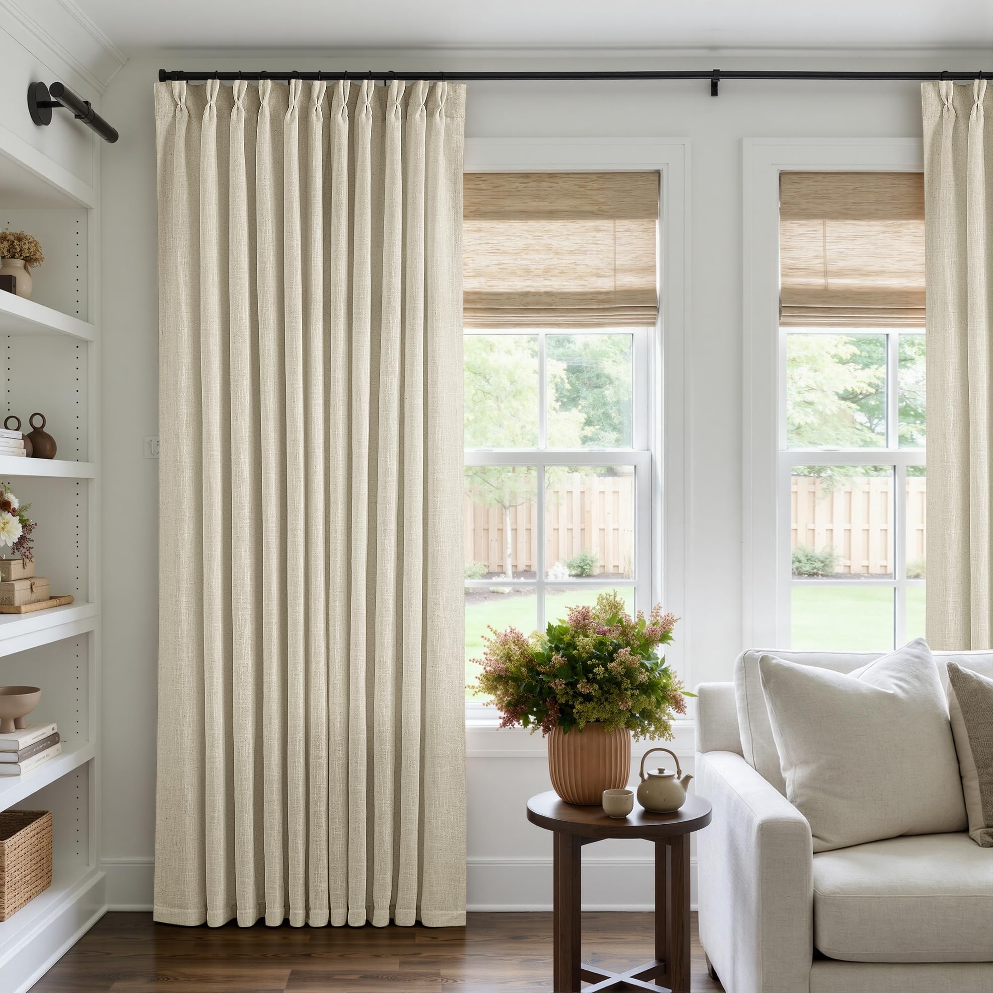 Pinch Pleated Linen Curtains 108 Inches Long for Living Room 2 Panels Set Cream Ivory Flax Double Pleated Drapes Back Tab Neutral Boho Ceiling Floor 108 Inch Window Curtains Bedroom Natural Birch