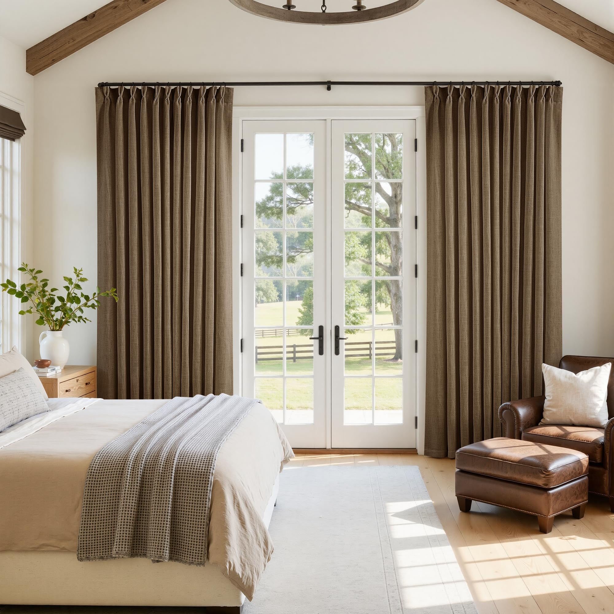 Pinch Pleated Linen Curtains 108 Inches Long for Living Room 2 Panels Set Cream Ivory Flax Double Pleated Drapes Back Tab Neutral Boho Ceiling Floor 108 Inch Window Curtains Bedroom Natural Birch