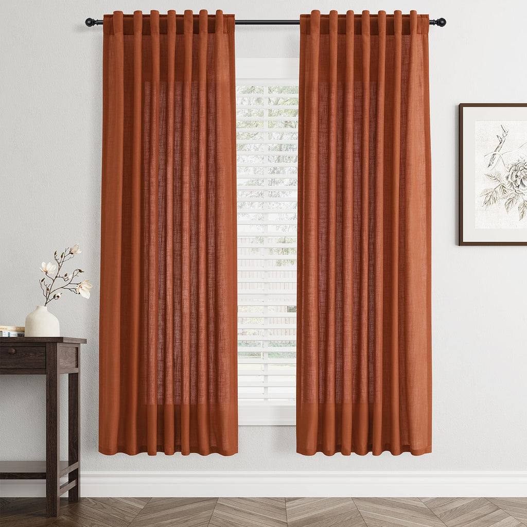 Flax Linen Beige Curtains 96 inches Long 2 Panel for Living Room Back Tab Pocket Drapes Semi Sheer Privacy Khaki Window Curtain Country Rustic Farmhouse Cloth Curtain for Dinning Room Tan