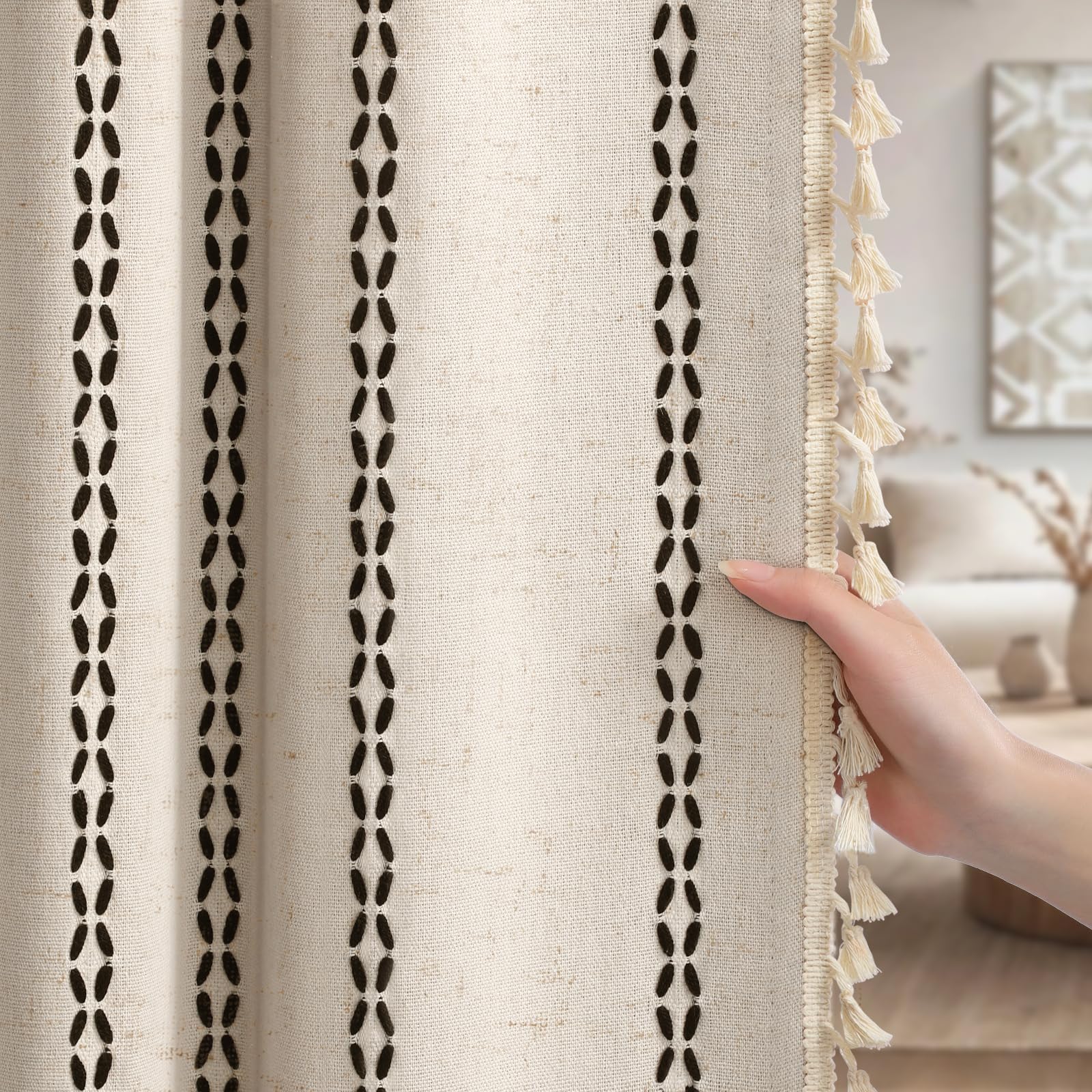 Boho Blackout Curtains 2 Panels 84 Inch for Living Room Bedroom, Beige Linen Texture Farmhouse Curtains with Tassels and Cotton Embroidery Vintage Rustic Western Rod Pocket