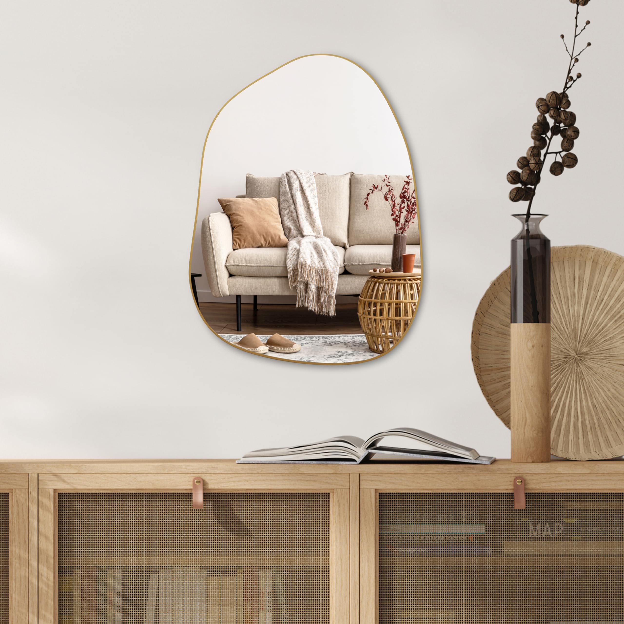 PERFNIQUE Irregular Wall Mirror Asymmetrical Mirror, 32''x24'' Gold Mirror for Bathroom Bedroom Living Room Entryway, Decorative Modern Boho Decor, Wall Mouted(Gold, 32''x24'')