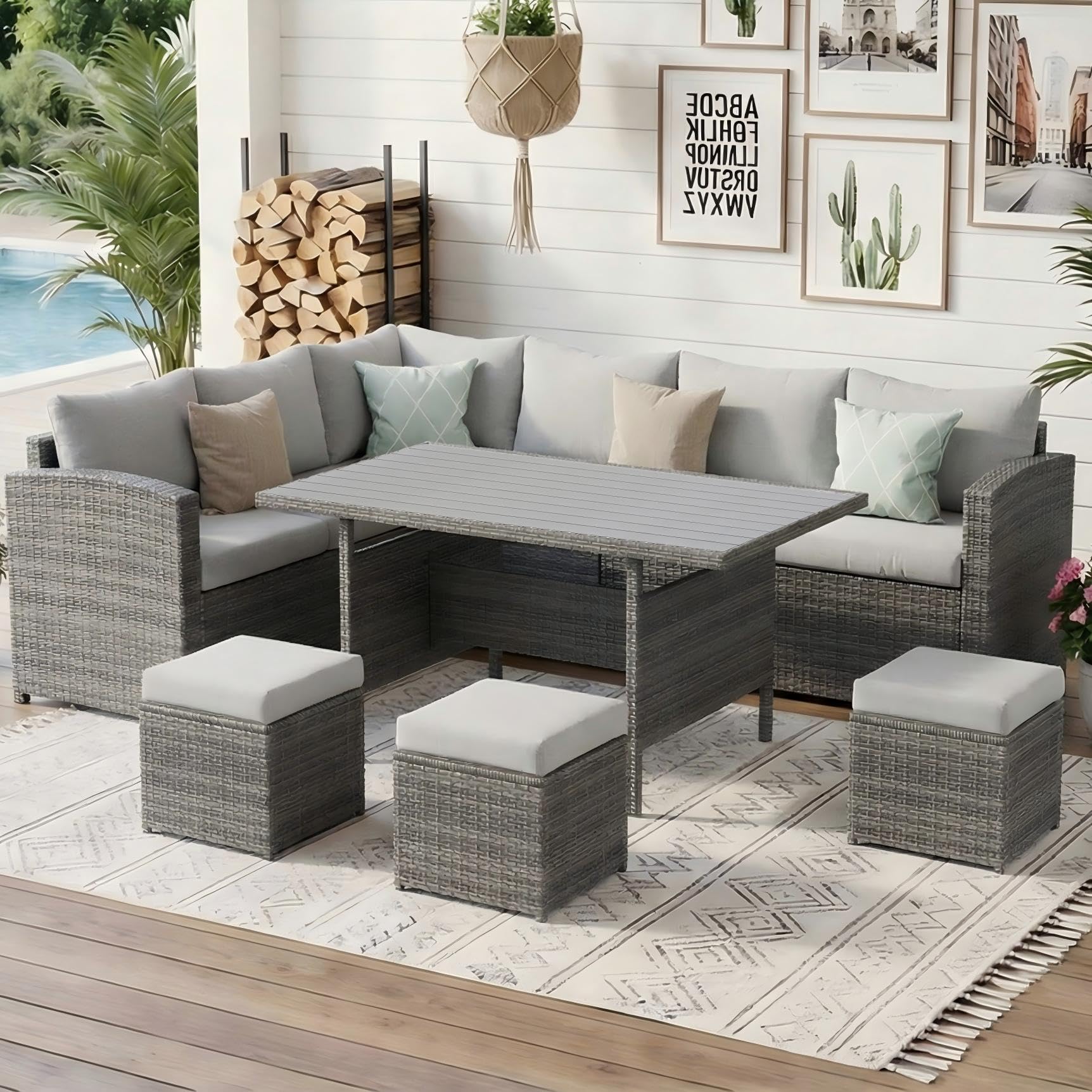 Wisteria Lane 7 Piece Patio Furniture Set, High Curved Back Wicker Patio Sectional, All Weather Outdoor Dining Set, Outdoor Furniture Patio Conversation Set with Ottoman, Blue