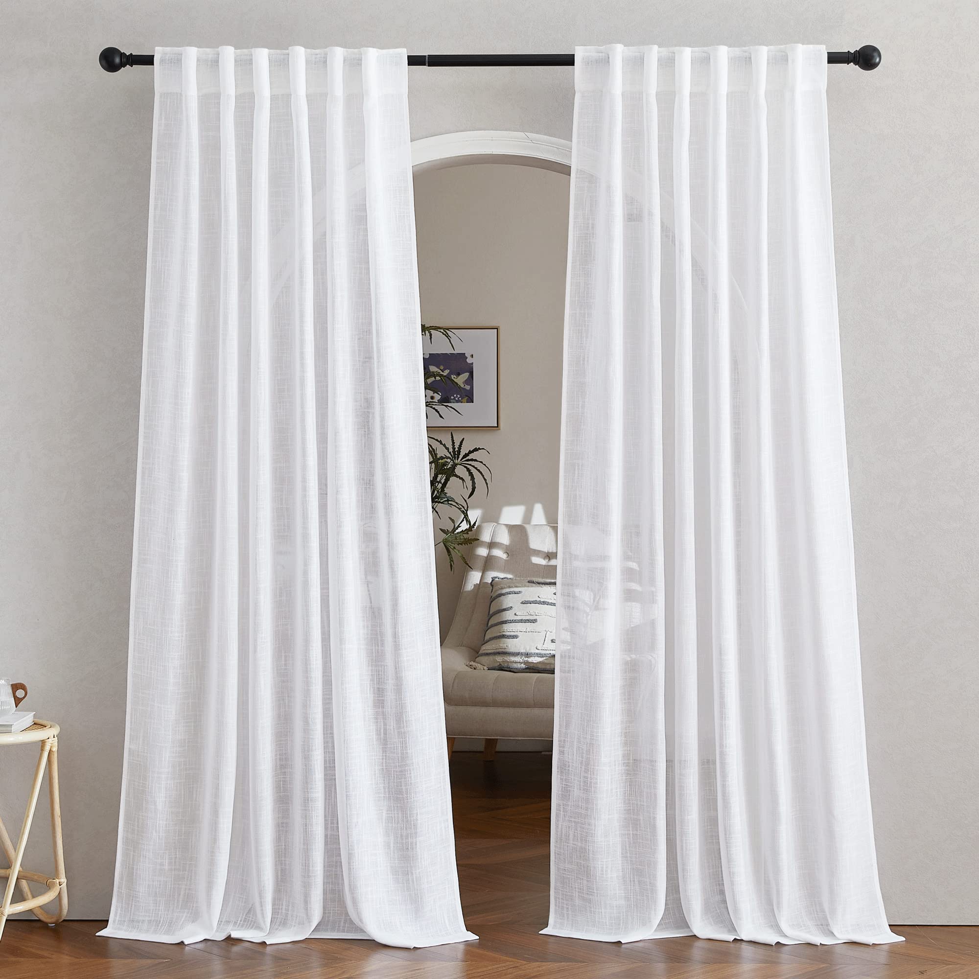 NICETOWN 120 inch Curtains Linen Blend for Bedroom, Rod Pocket & Back Tab Natural Linen Burlap Semi Sheer Window Treatments Privacy with Light Filtering for Living Room, W52 x L120, 2 Panels