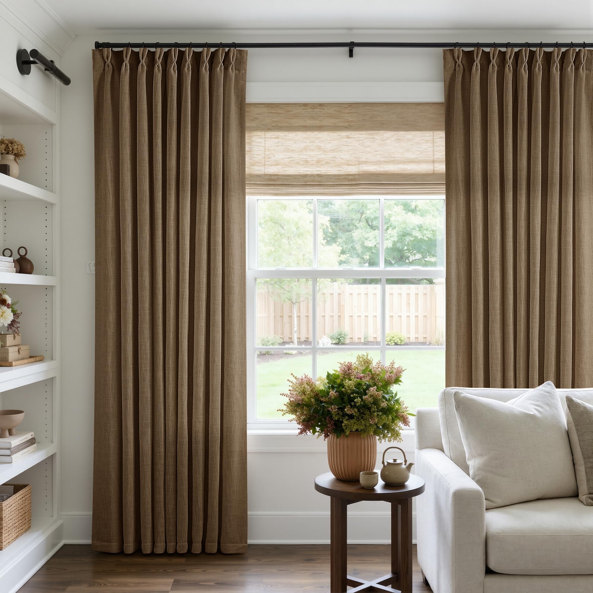 Pinch Pleated Linen Curtains 108 Inches Long for Living Room 2 Panels Set Cream Ivory Flax Double Pleated Drapes Back Tab Neutral Boho Ceiling Floor 108 Inch Window Curtains Bedroom Natural Birch
