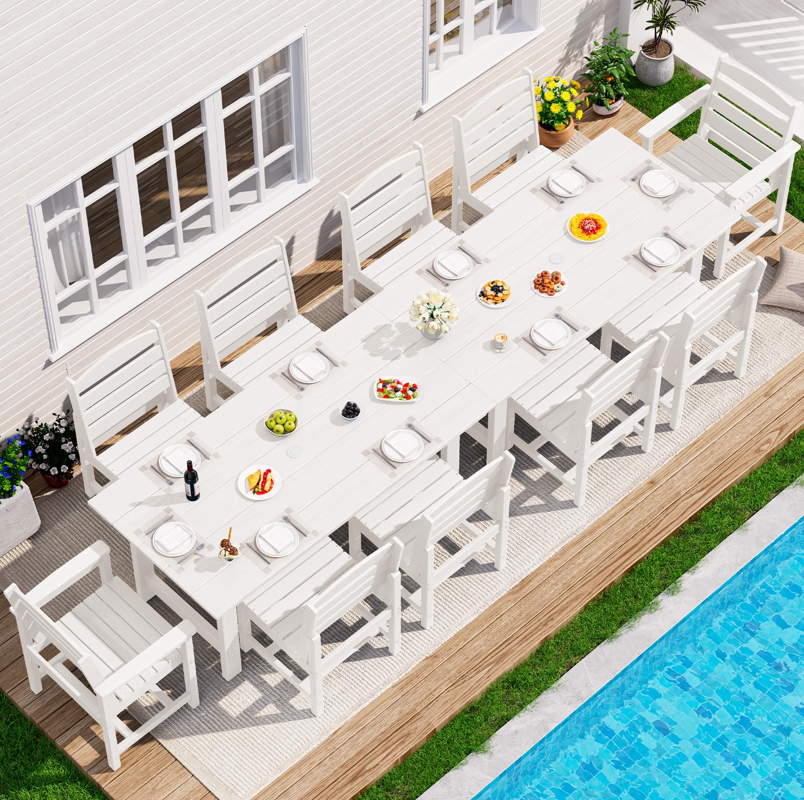 SERWALL 7-Piece Patio Dining Table Sets, Outdoor HDPE Dining Furniture Set with Umbrella Hole Cut-Out Table and 6 Chairs, Blue