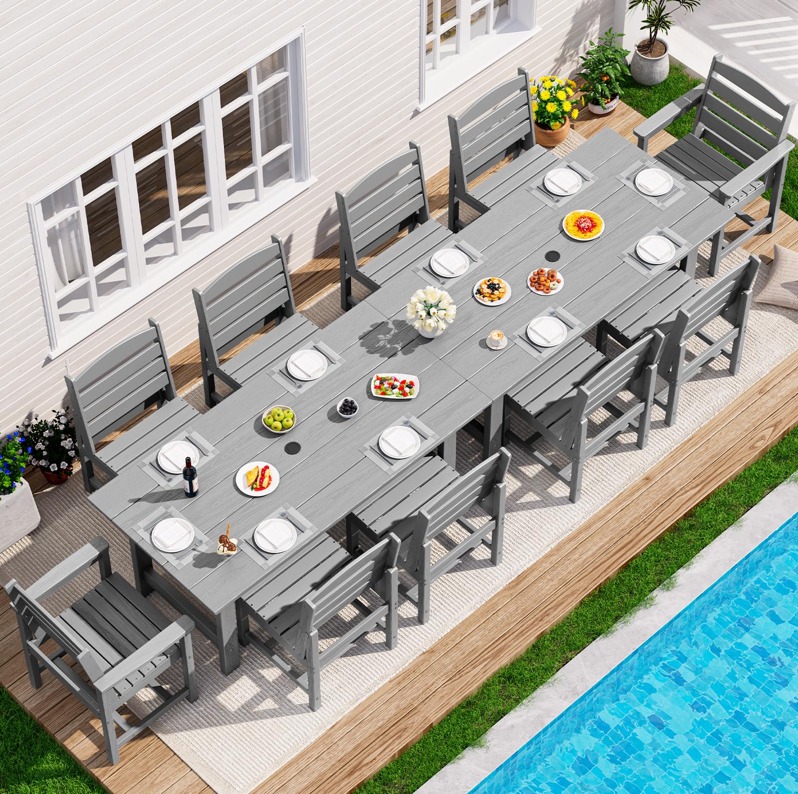 SERWALL 7-Piece Patio Dining Table Sets, Outdoor HDPE Dining Furniture Set with Umbrella Hole Cut-Out Table and 6 Chairs, Blue